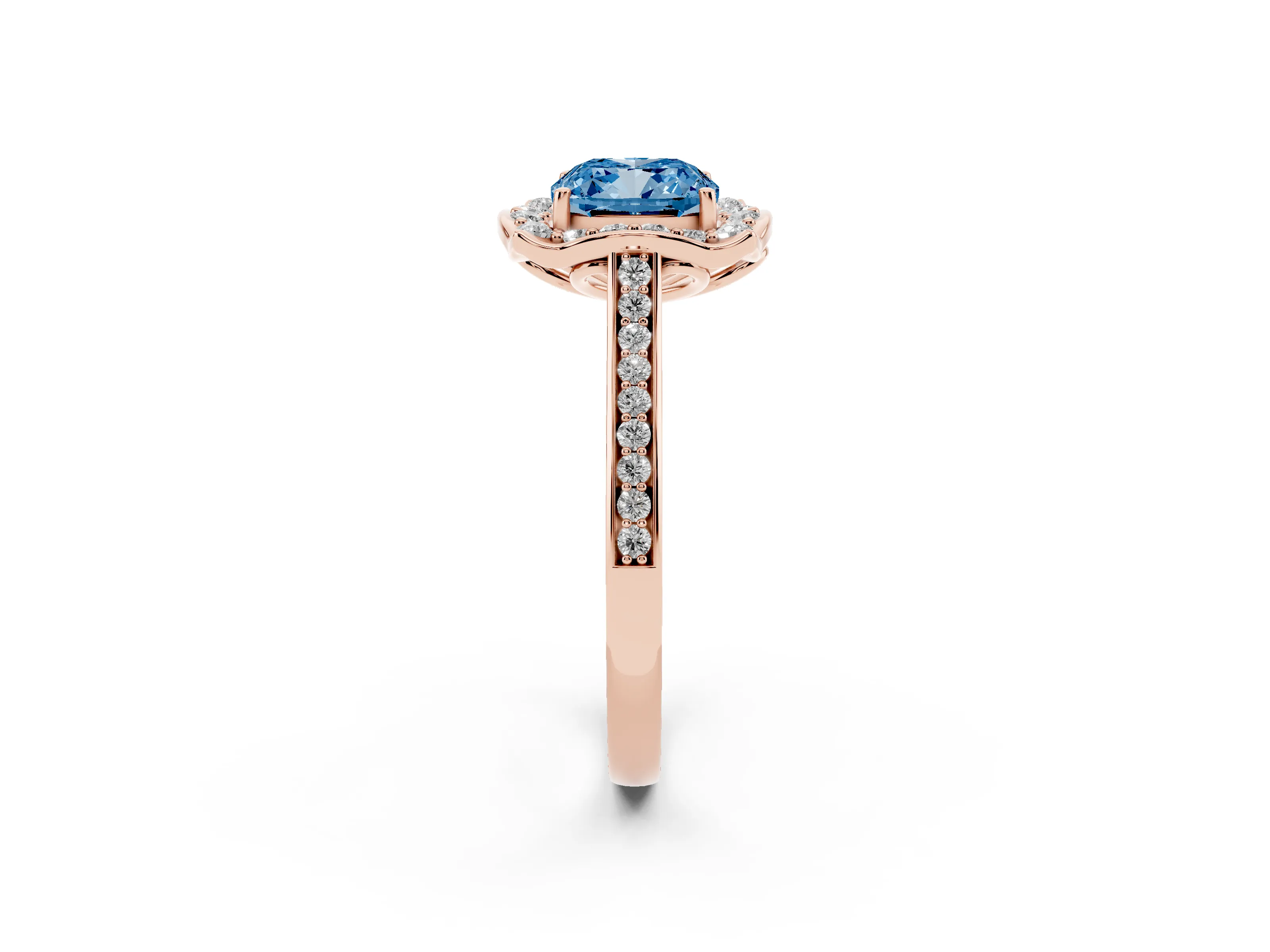 Fancy Blue Cushion Cut Diamond Halo Ring Set in Rose gold with Pavé-Lined Shoulders and Prong Setting