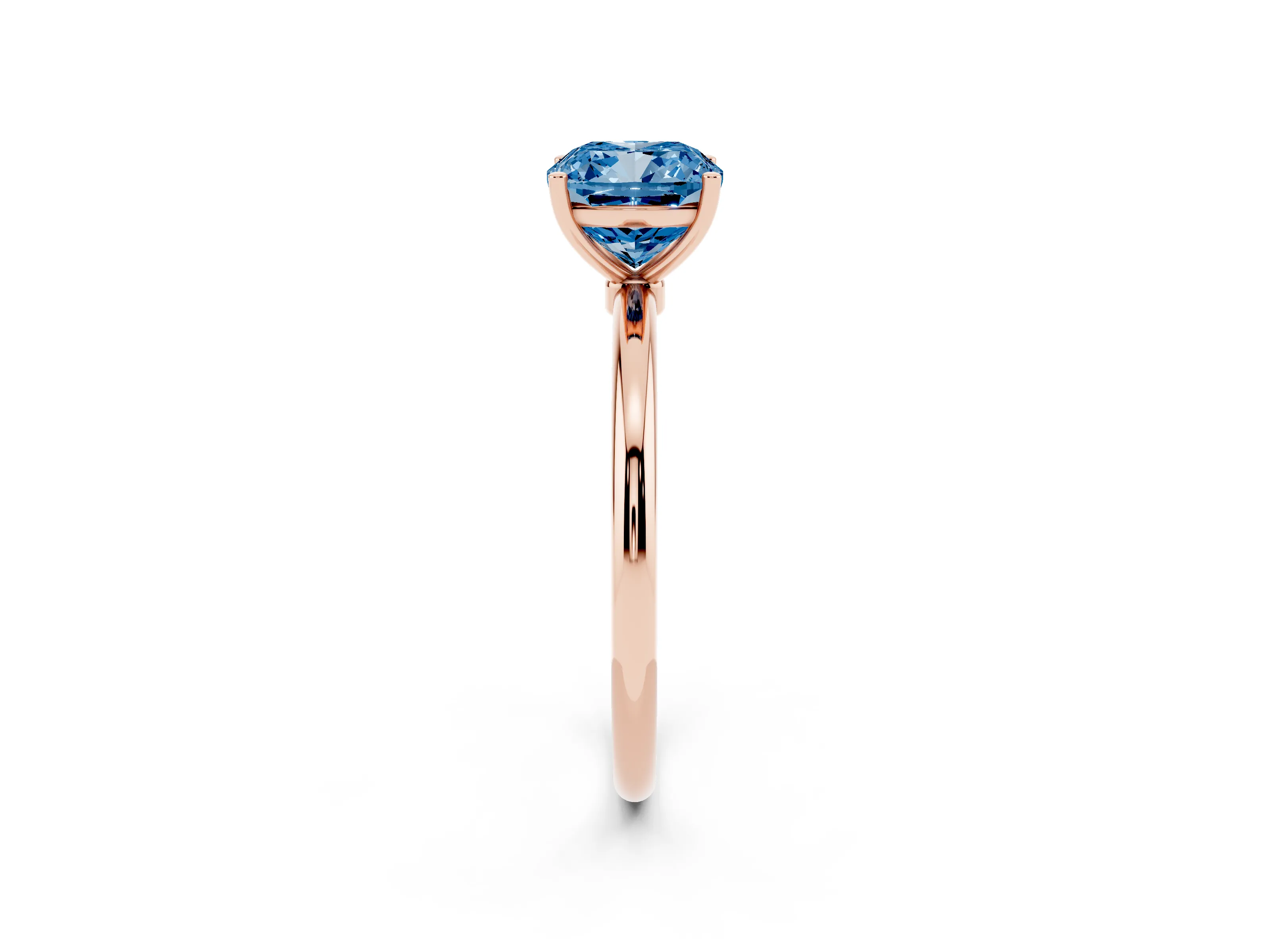 Fancy Blue Cushion Cut Diamond Solitaire Engagement Ring Set in Rose gold with Thin Band and Prong Setting