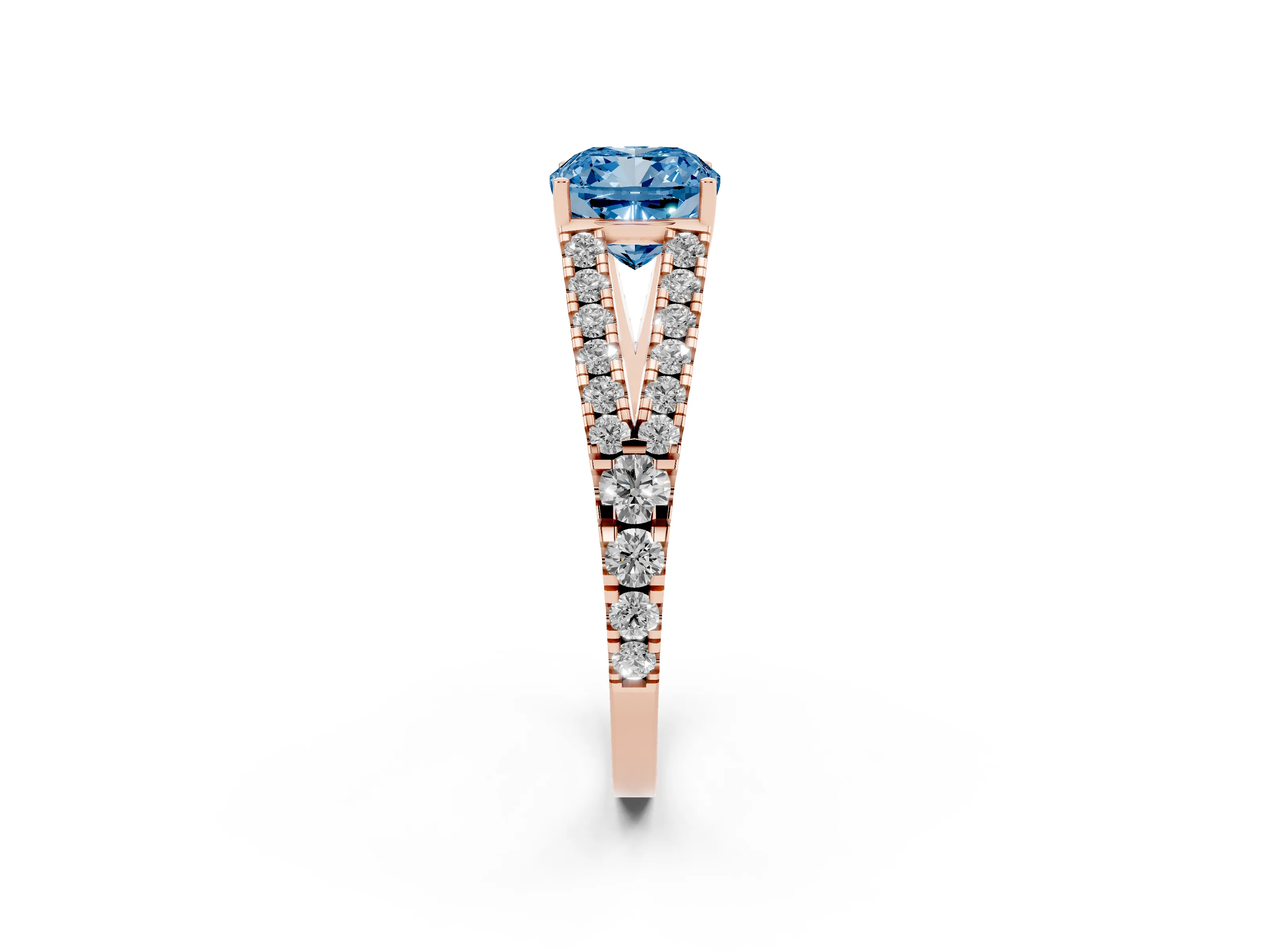 Fancy Blue Cushion Cut Diamond Split Shank Pavé Engagement Ring Set in Rose gold with Prong-Held Center Stone
