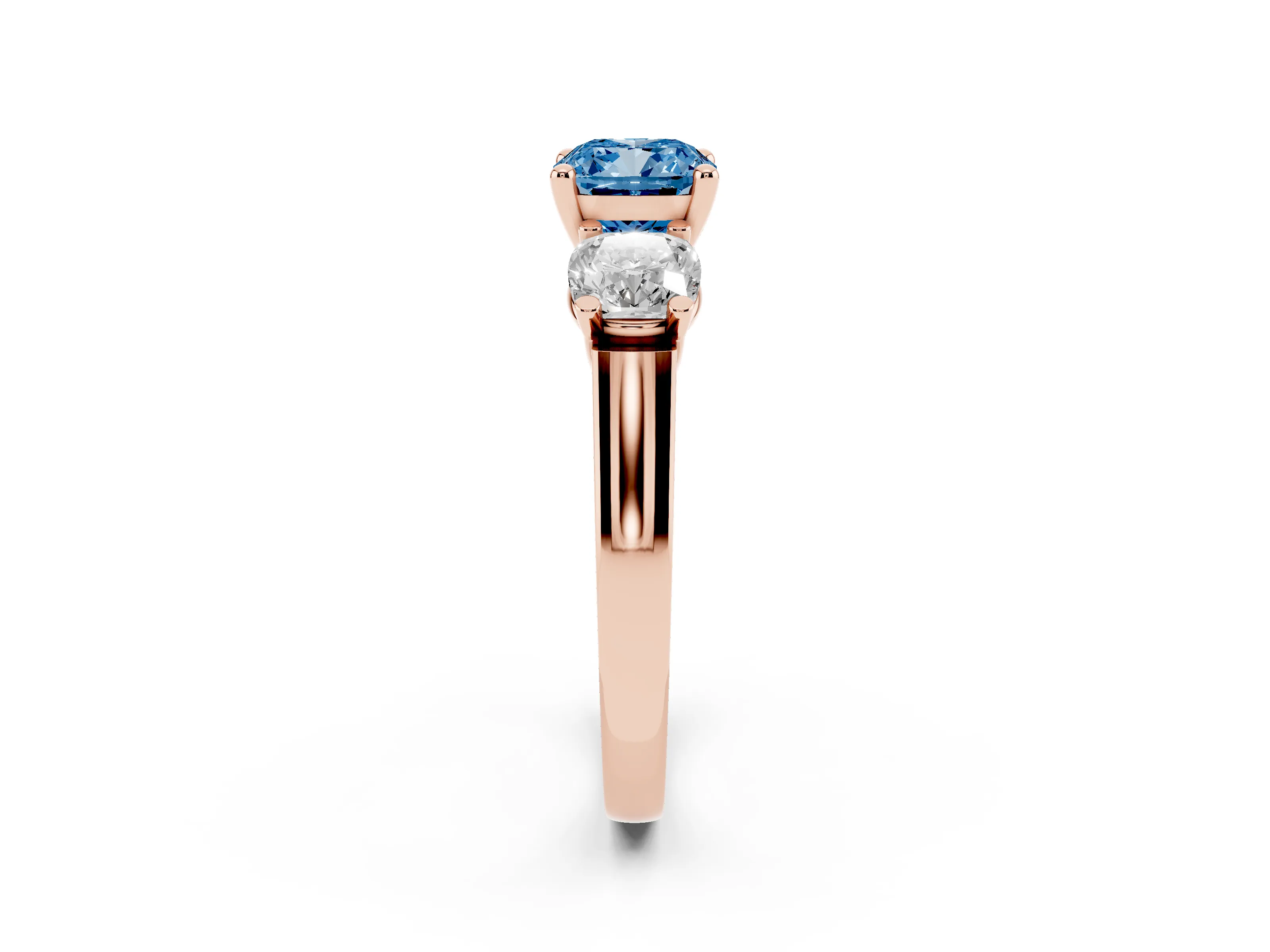 Fancy Blue Cushion Cut Diamond Three-Stone Trellis Ring Set in Rose gold with Comfort Fit Band