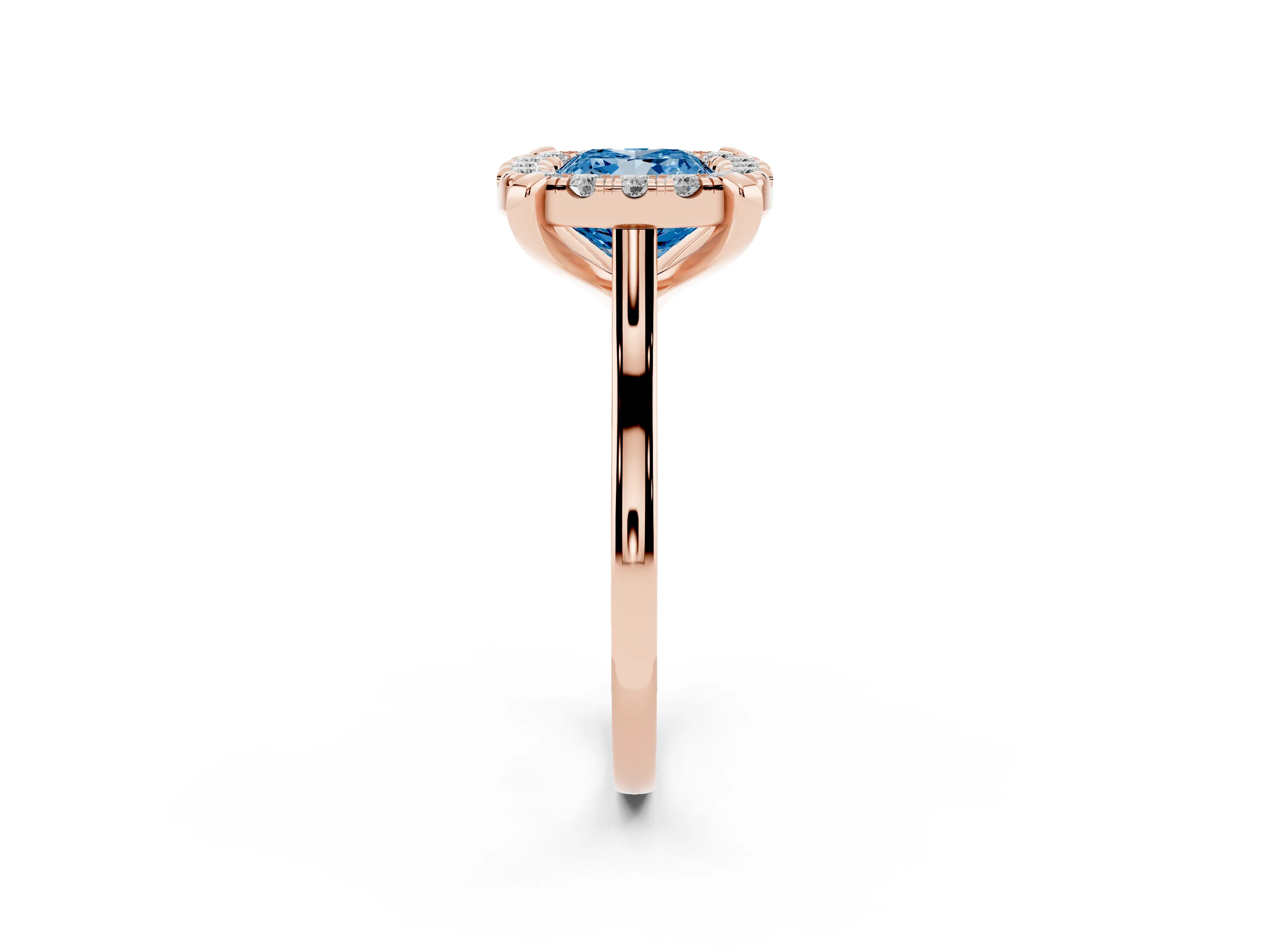 Fancy Blue Cushion Cut Diamond Cluster Halo Solitaire Ring Set in Rose gold with Prong Setting