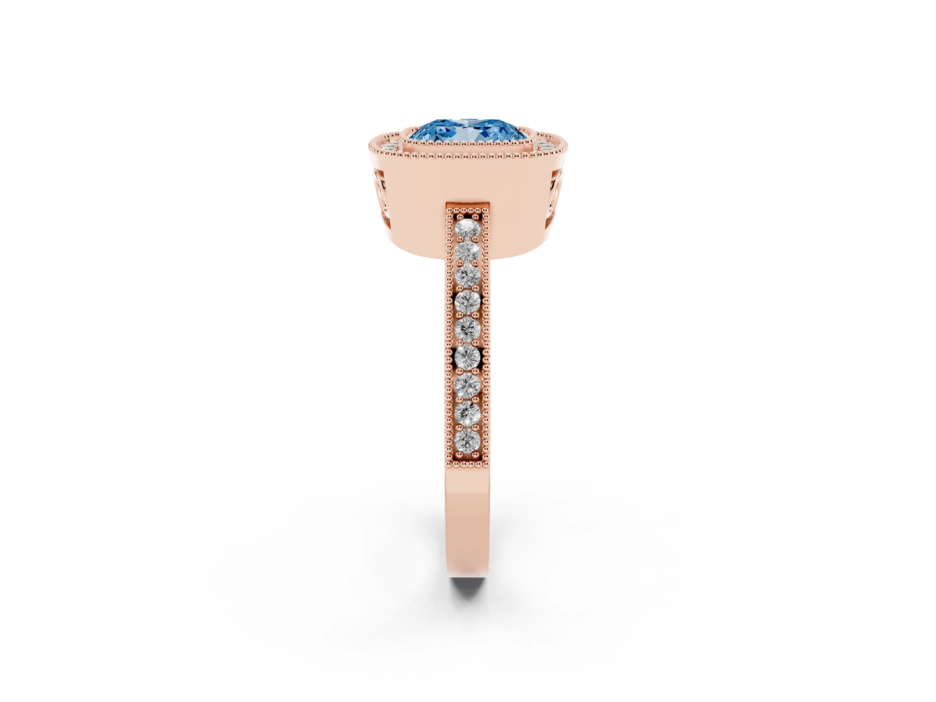 Fancy Blue Cushion Cut Diamond Round Halo Ring Set in Rose gold with Pavé Band