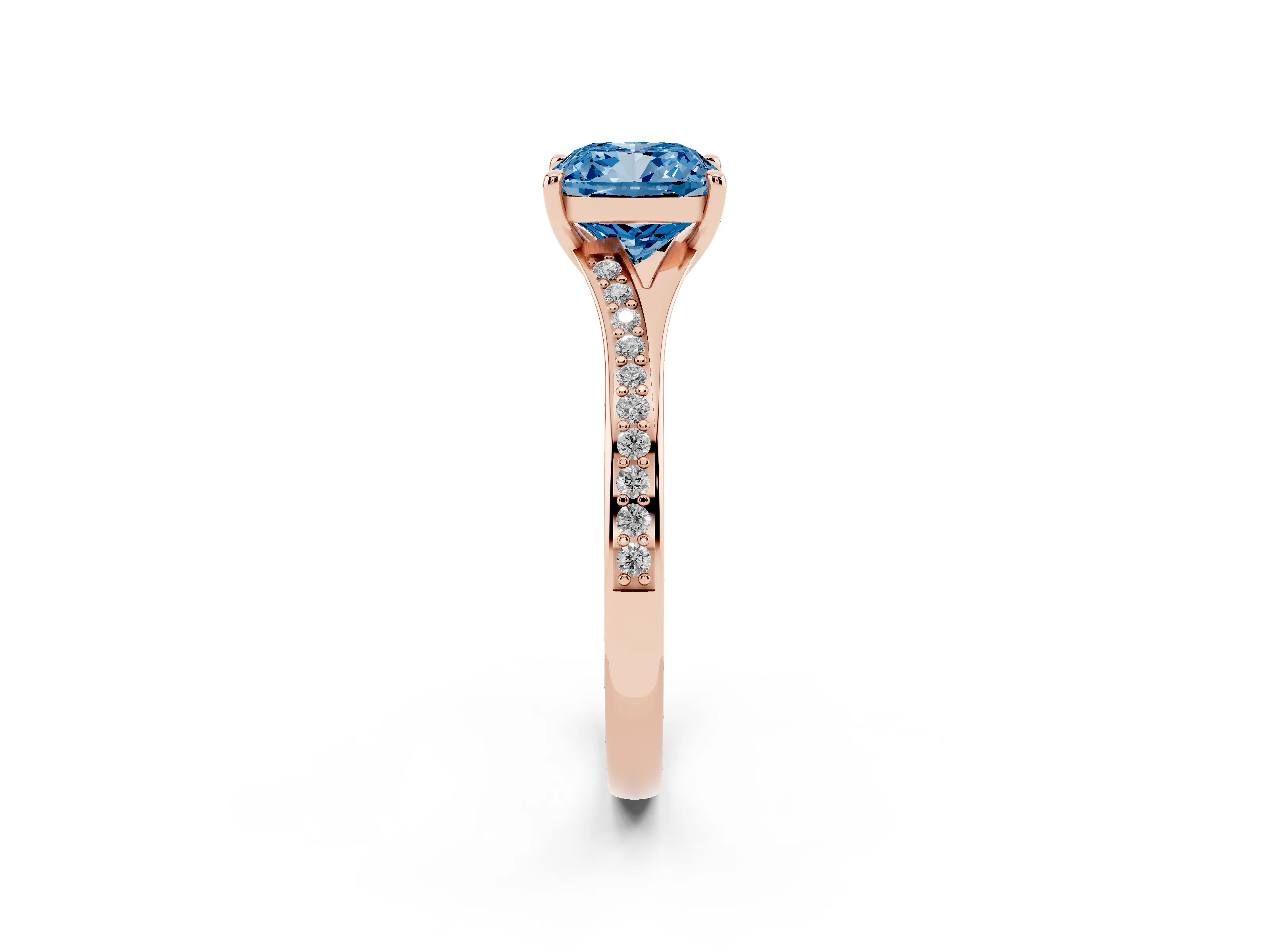 Fancy Blue Cushion Cut Diamond Solitaire Ring Set in Rose gold with Pavé Accent Band and Classic Prong Setting