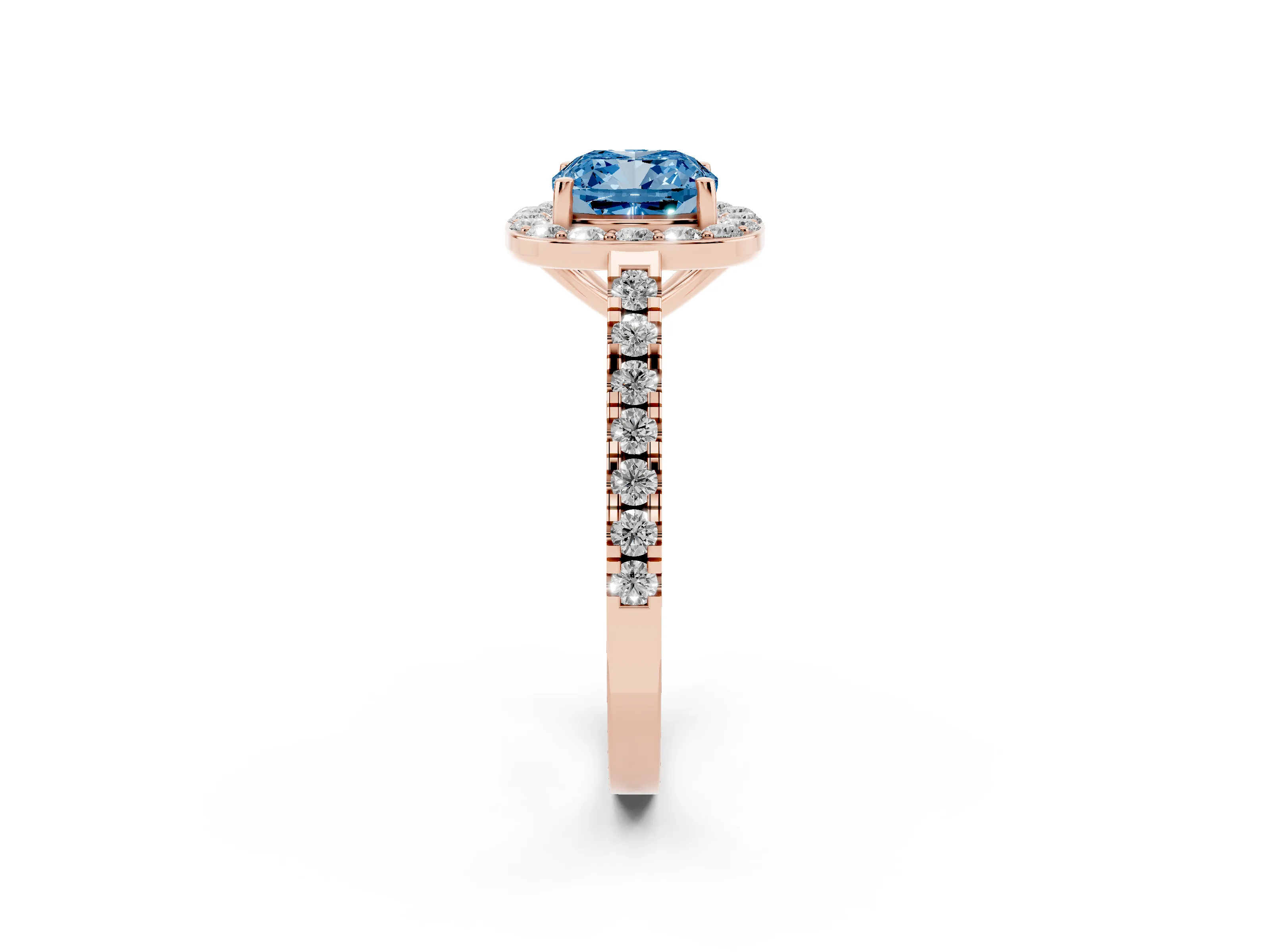 Fancy Blue Cushion Cut Diamond Halo Ring Set in Rose gold with Round Pavé Split Shank and Prong Setting
