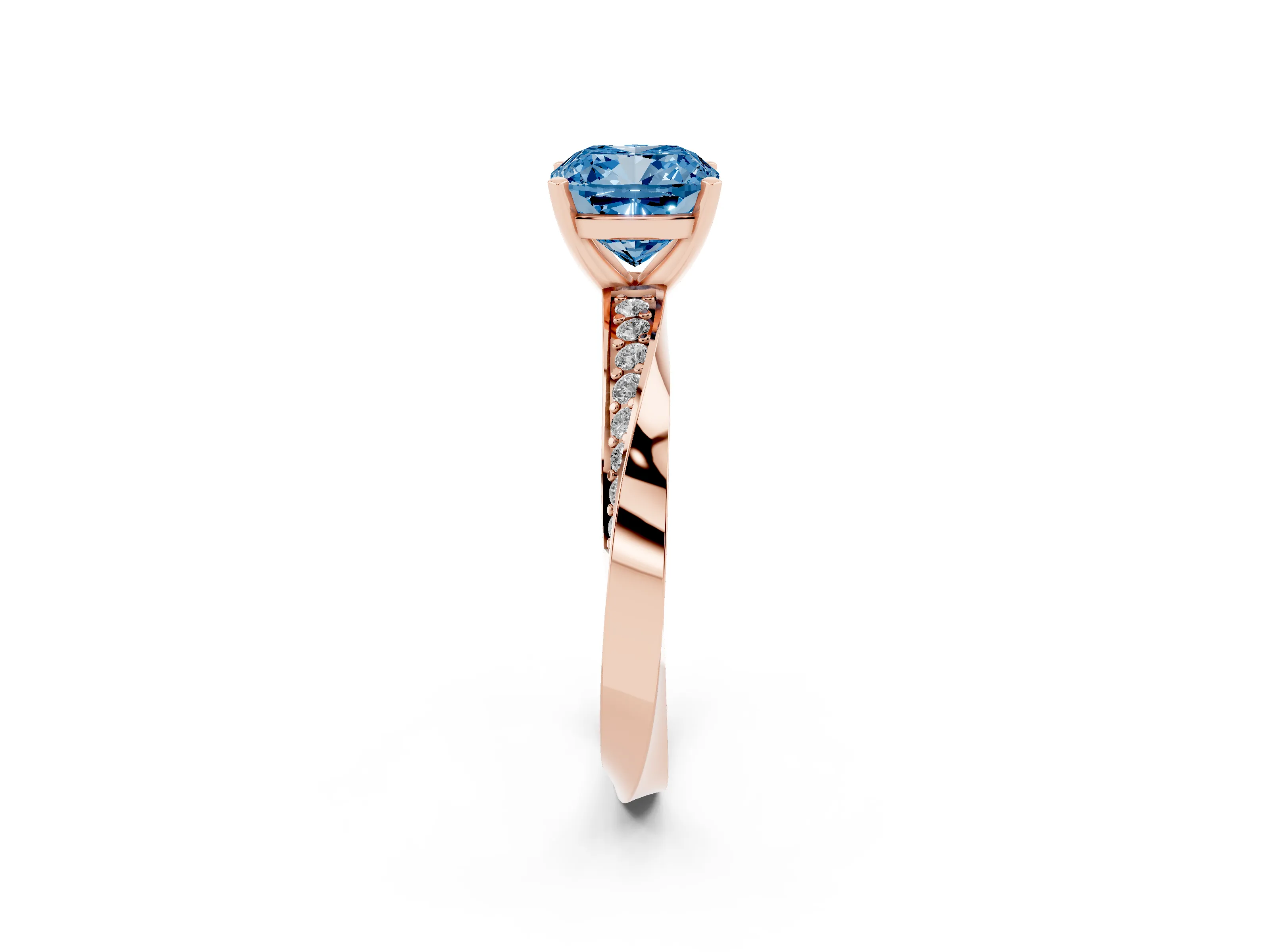 Fancy Blue Cushion Cut Diamond Engagement Ring Set in Rose gold with Side Stone Accents and Prong Setting