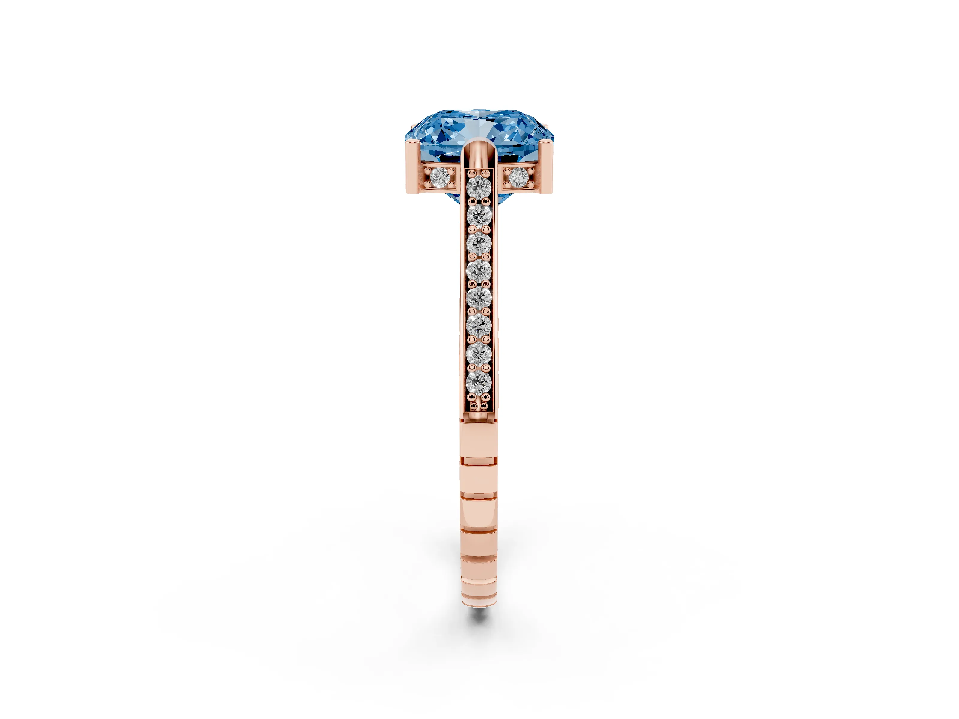 Fancy Blue Cushion Cut Diamond Solitaire Ring Set in Rose gold with Channel Set Band and Bezel Prong Setting