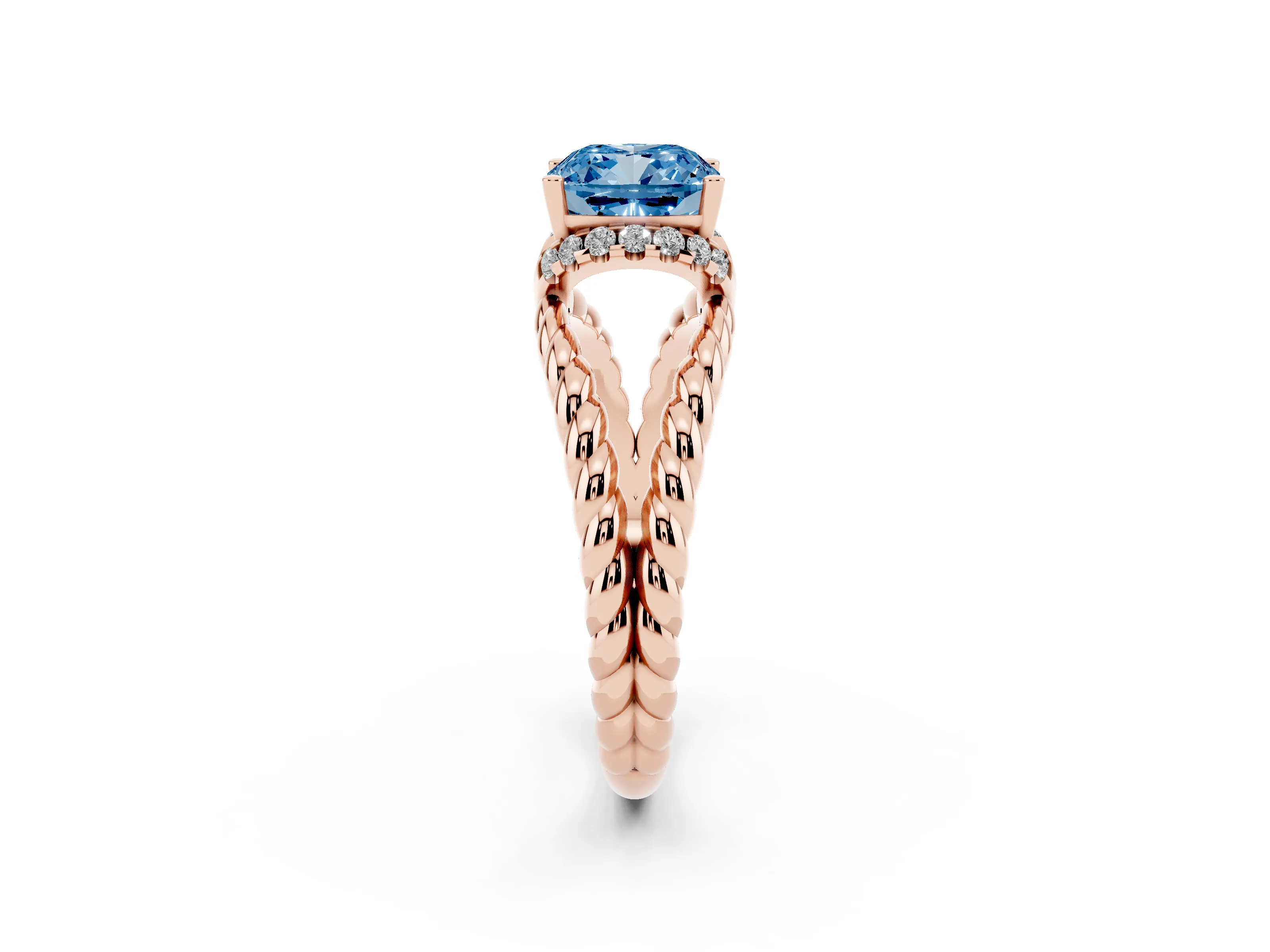 Fancy Blue Cushion Cut Diamond Halo Ring Set in Rose gold with Twisted Band and Prong Setting