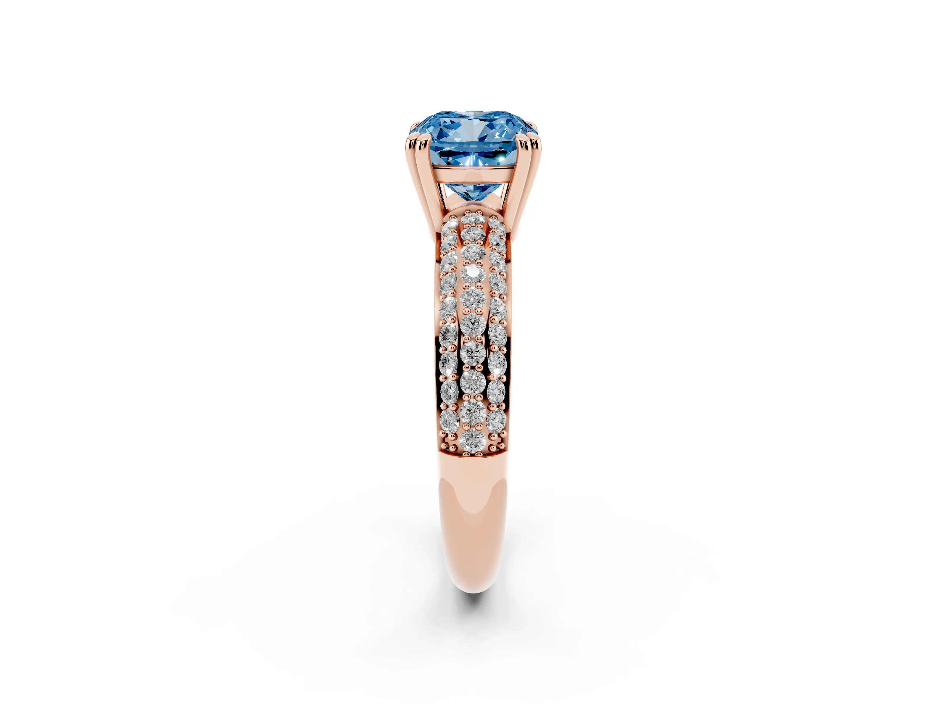Fancy Blue Cushion Cut Diamond Solitaire Ring Set in Rose gold with Multi-Row Round Pavé Band and Prong Setting