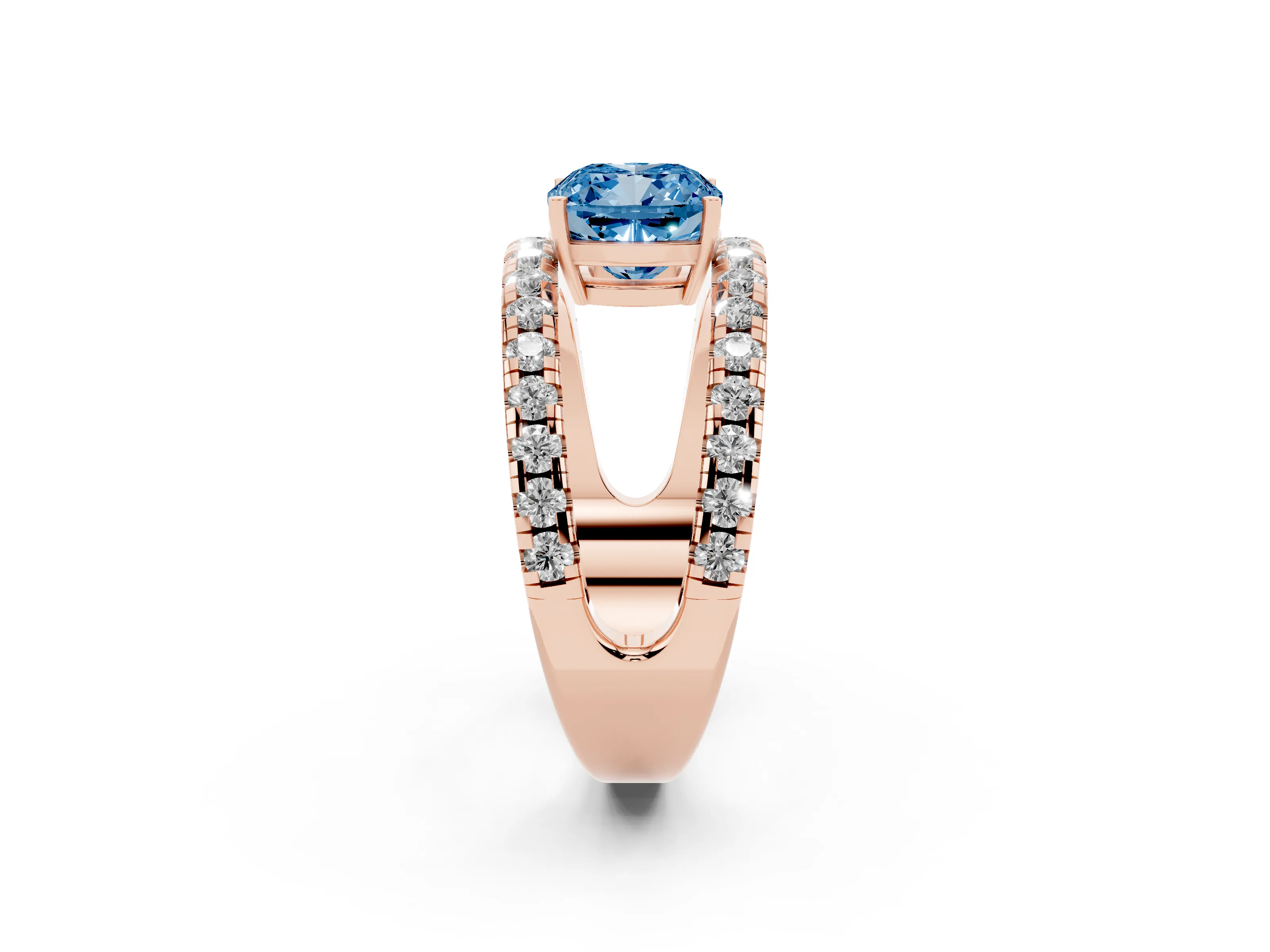 Fancy Blue Cushion Cut Diamond Split Shank Pavé Solitaire Ring Set in Rose gold with Open Shank Design