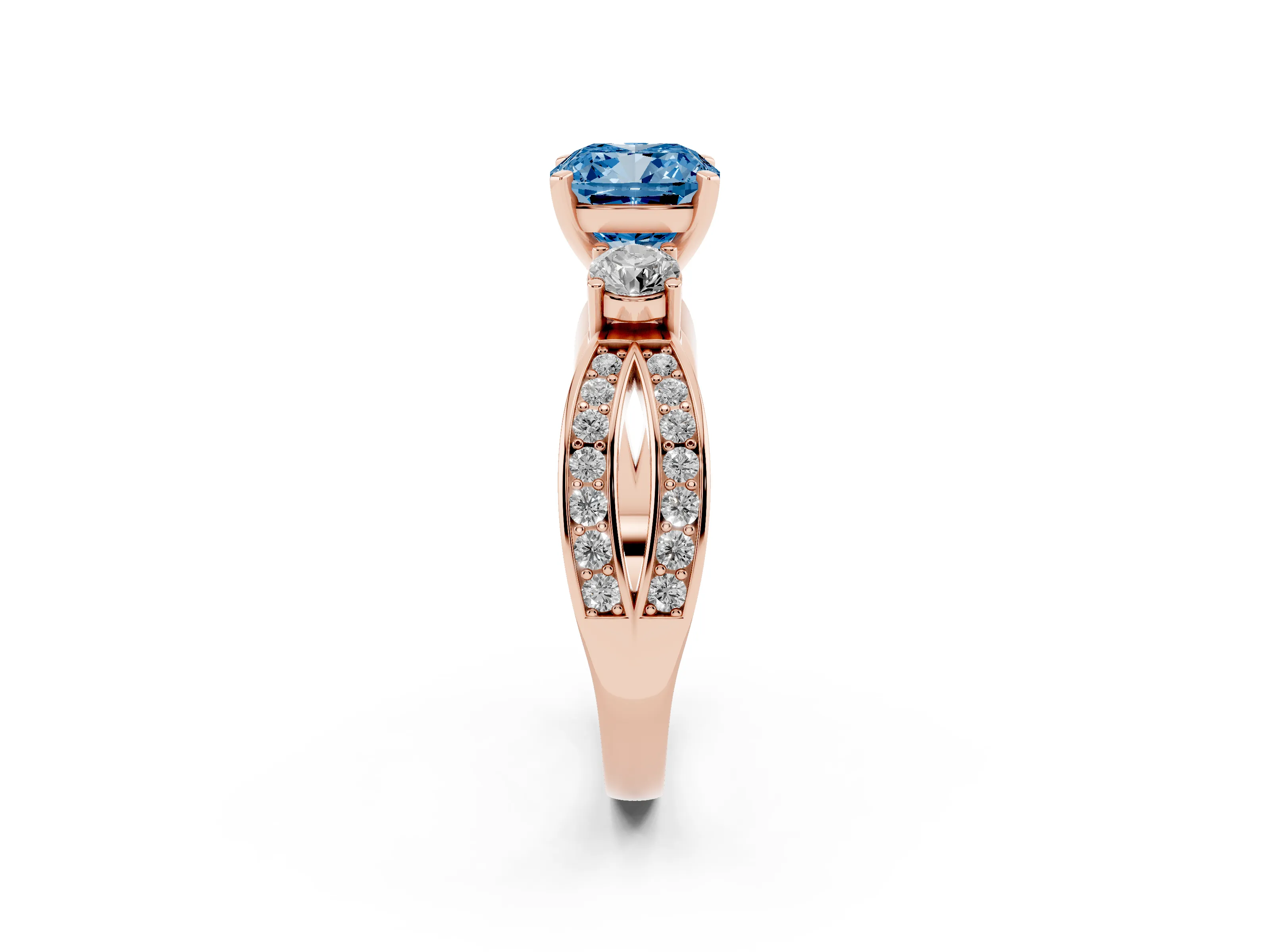 Fancy Blue Three-Stone Cushion Cut Diamond Twist Band Ring Set in Rose gold with Pavé Accents and Prong Setting