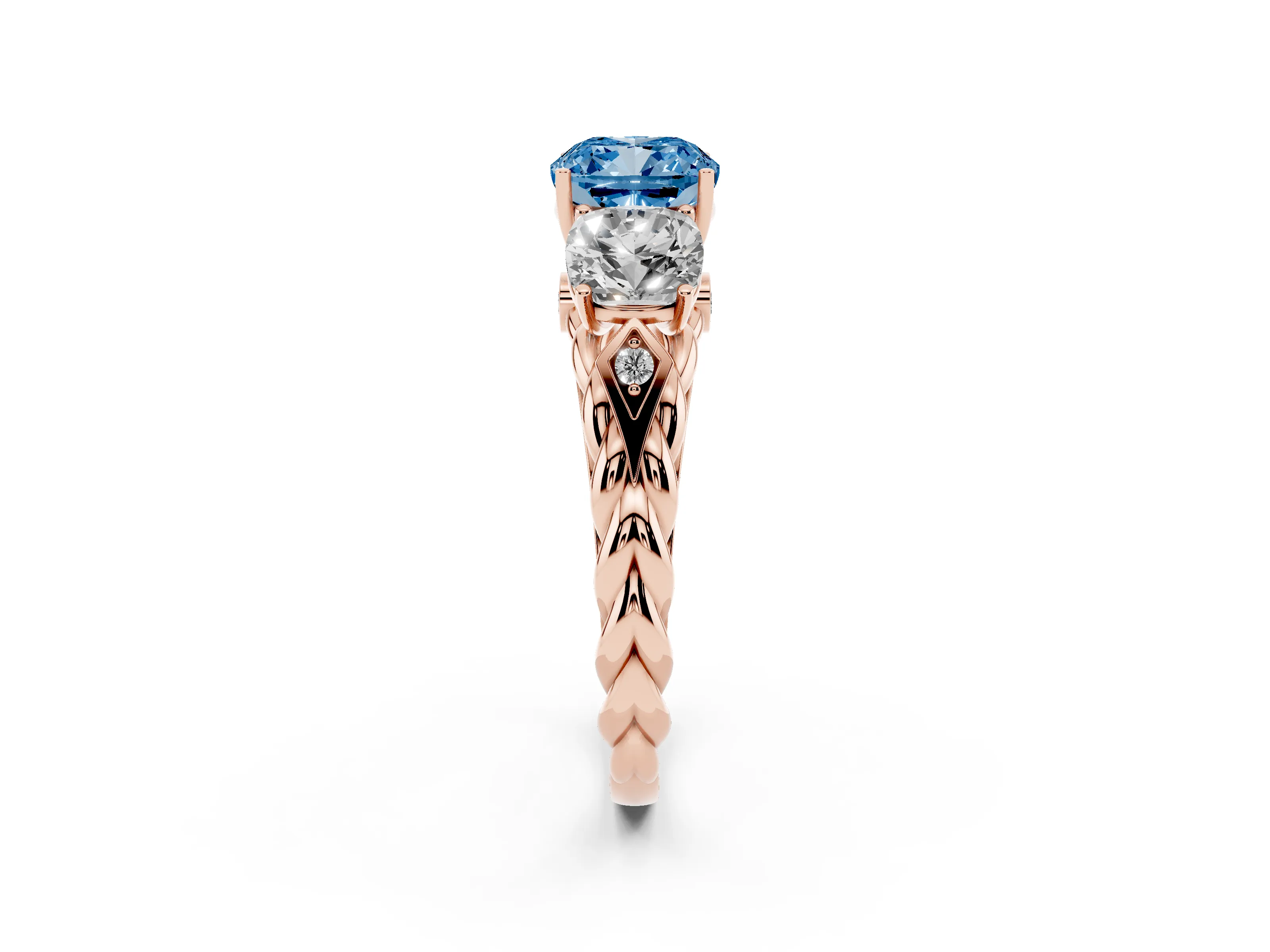 Fancy Blue Cushion Cut Diamond Three-Stone Ring Set in Rose gold with Braided Band