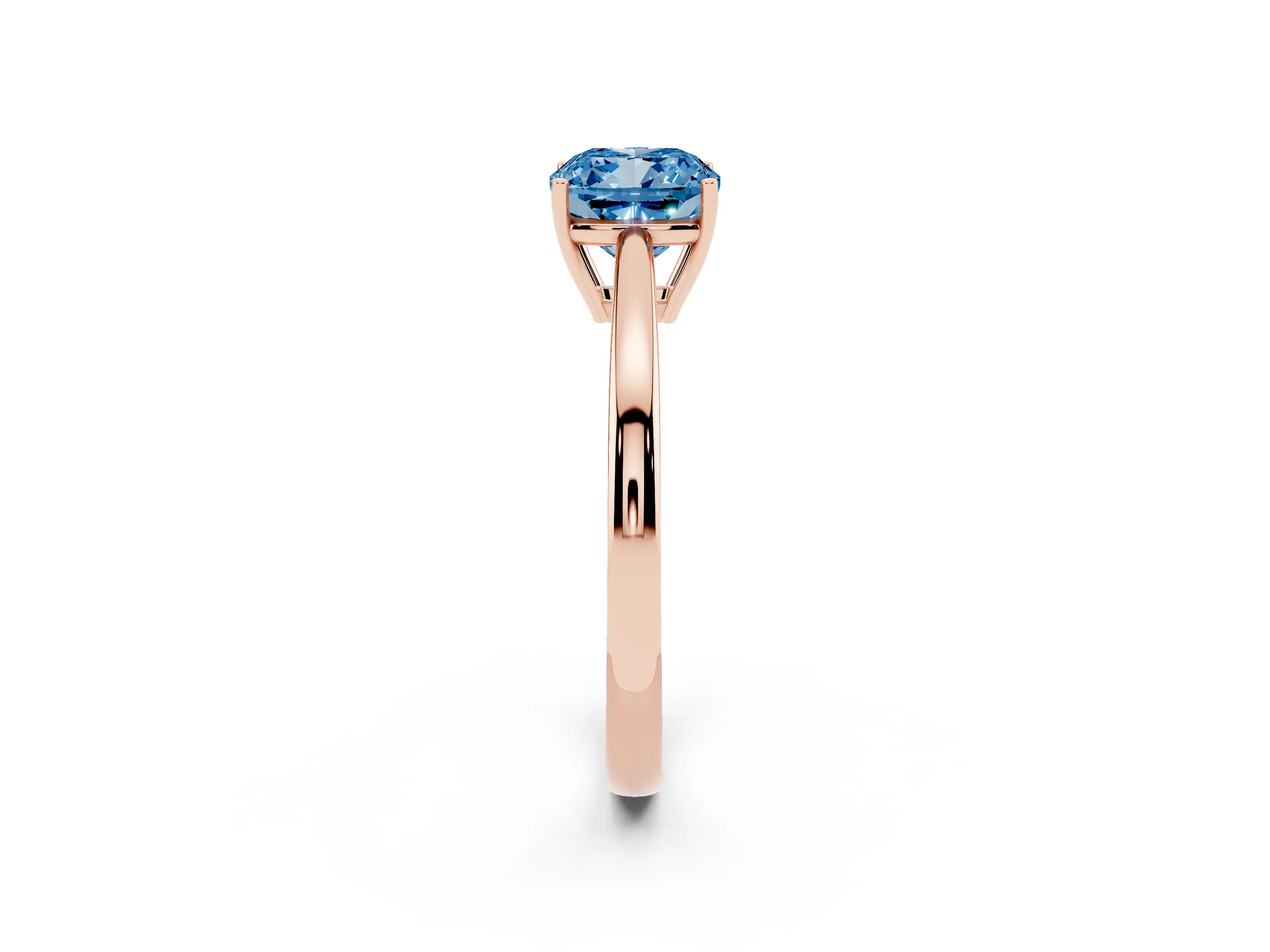 Fancy Blue Cushion Cut Diamond Solitaire Ring Set in Rose gold with Split Shank and Prong Setting