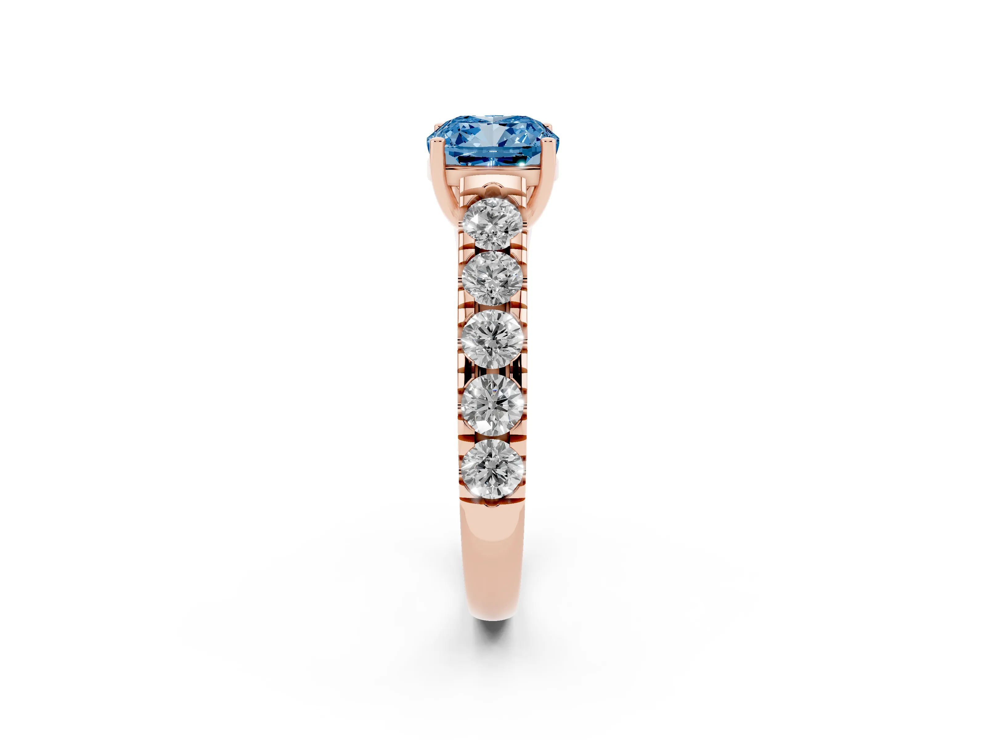 Fancy Blue Cushion Cut Diamond Solitaire Ring Set in Rose gold with Cut-Down Micro Pavé Band and Prong Setting