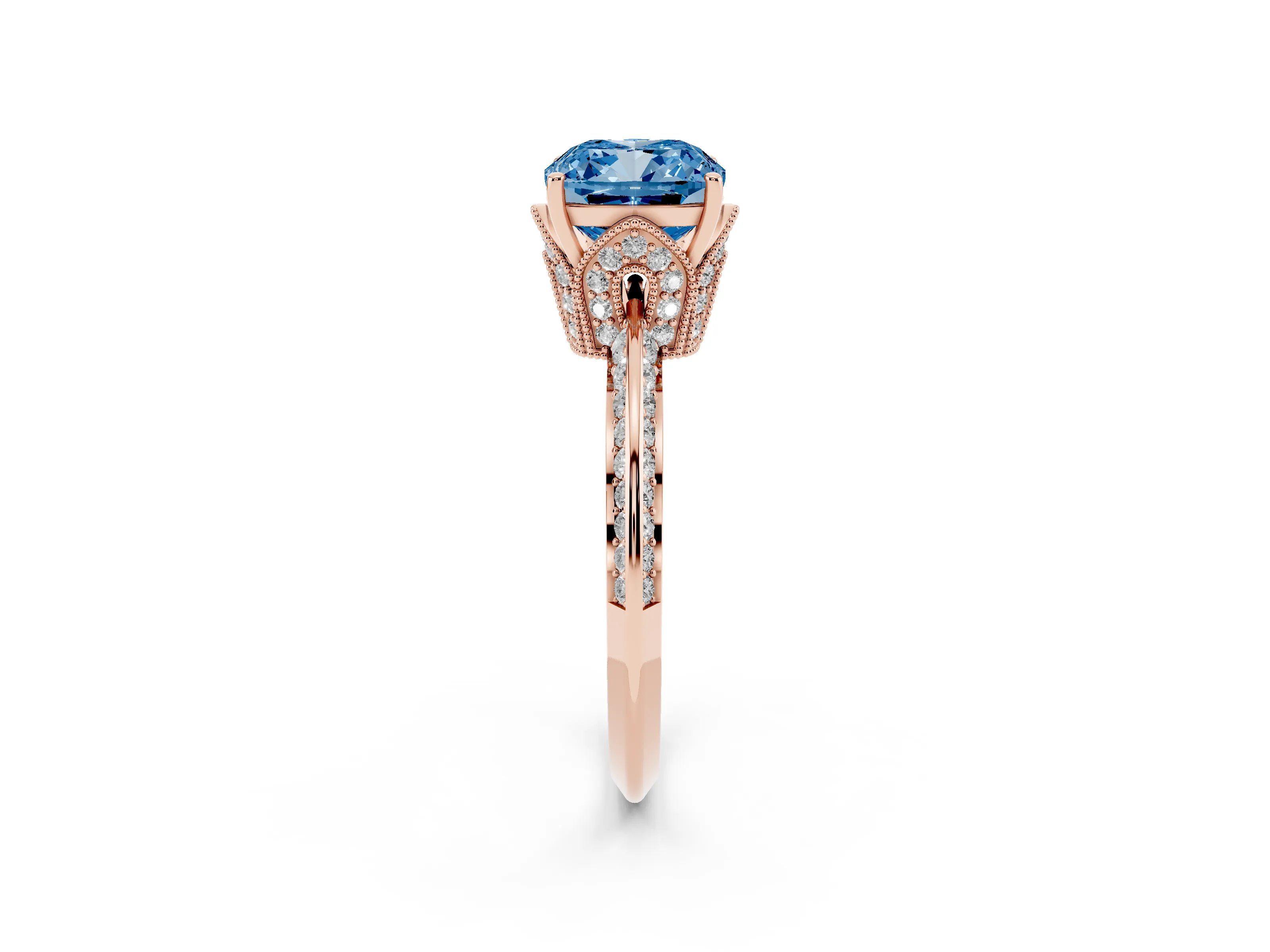 Fancy Blue Cushion Cut Diamond Solitaire Engagement Ring Set in Rose gold with Pavé Split Shank and Prong Setting