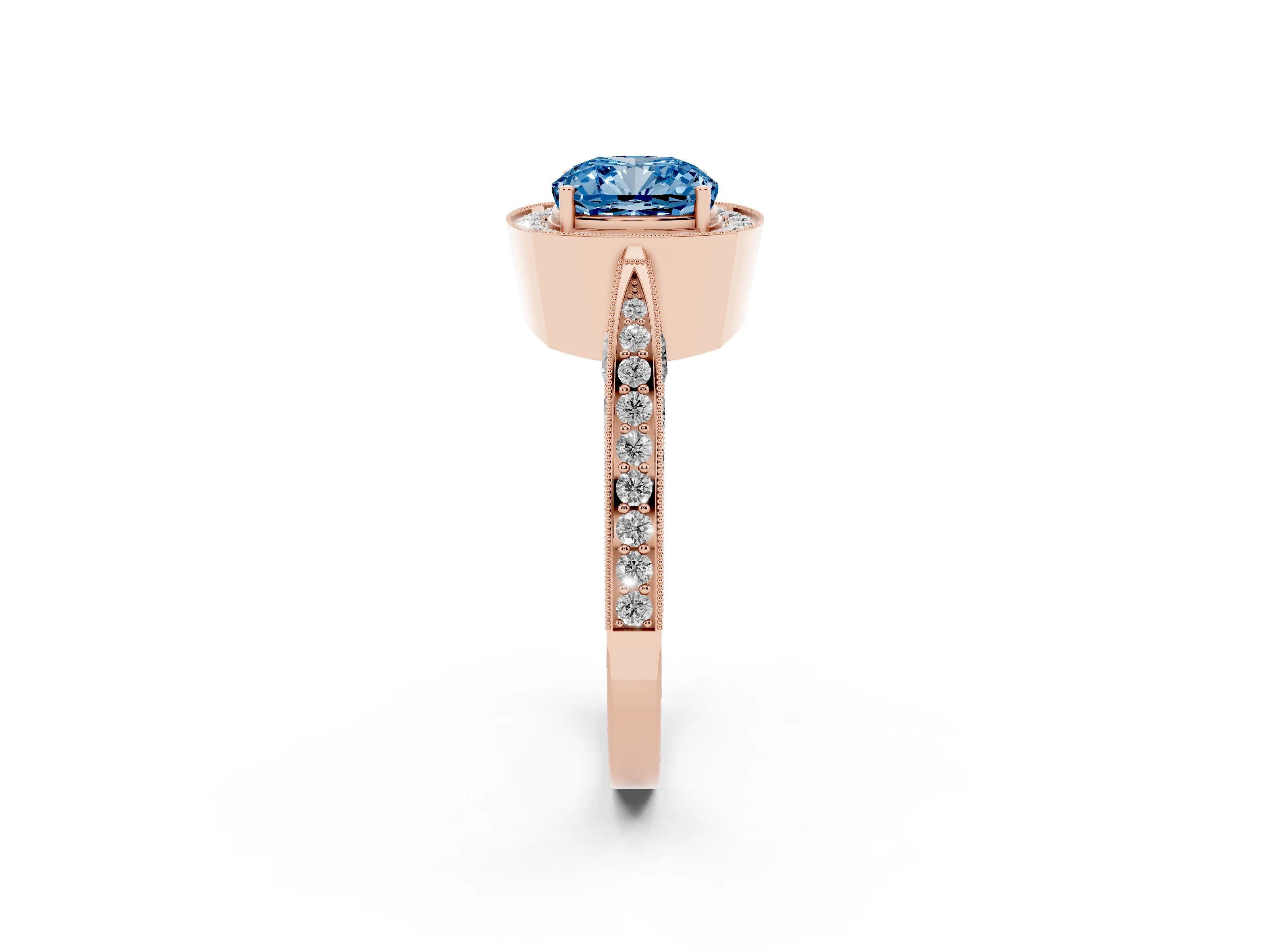 Fancy Blue Cushion Cut Diamond Halo Engagement Ring Set in Rose gold with Accent Split Shank Band