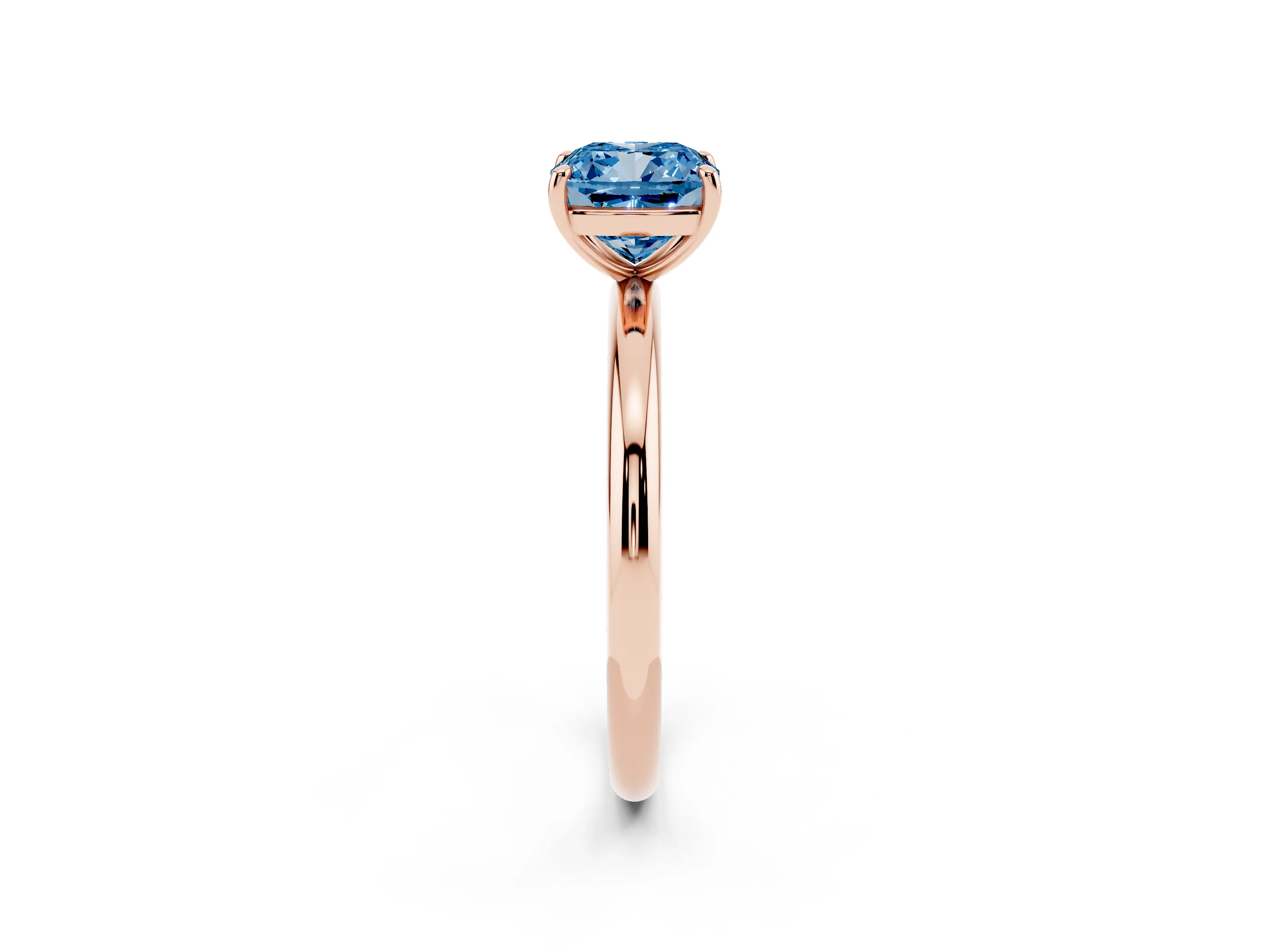 Fancy Blue Cushion Cut Diamond Solitaire Ring Set in Rose gold with Prong Setting on a Polished Plain Band