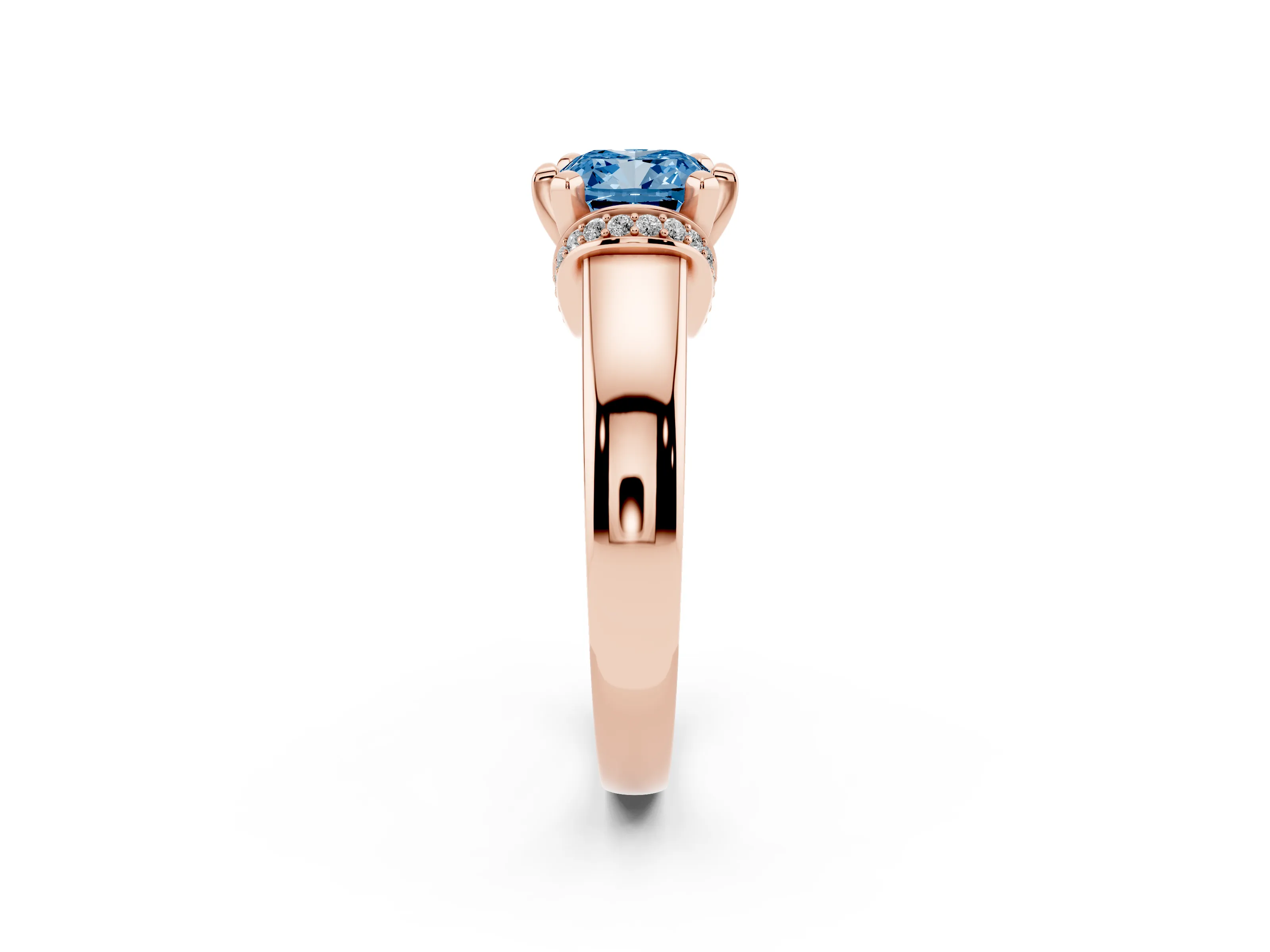 Fancy Blue Cushion Cut Diamond Pavé Band Solitaire Ring Set in Rose gold with Prong Setting