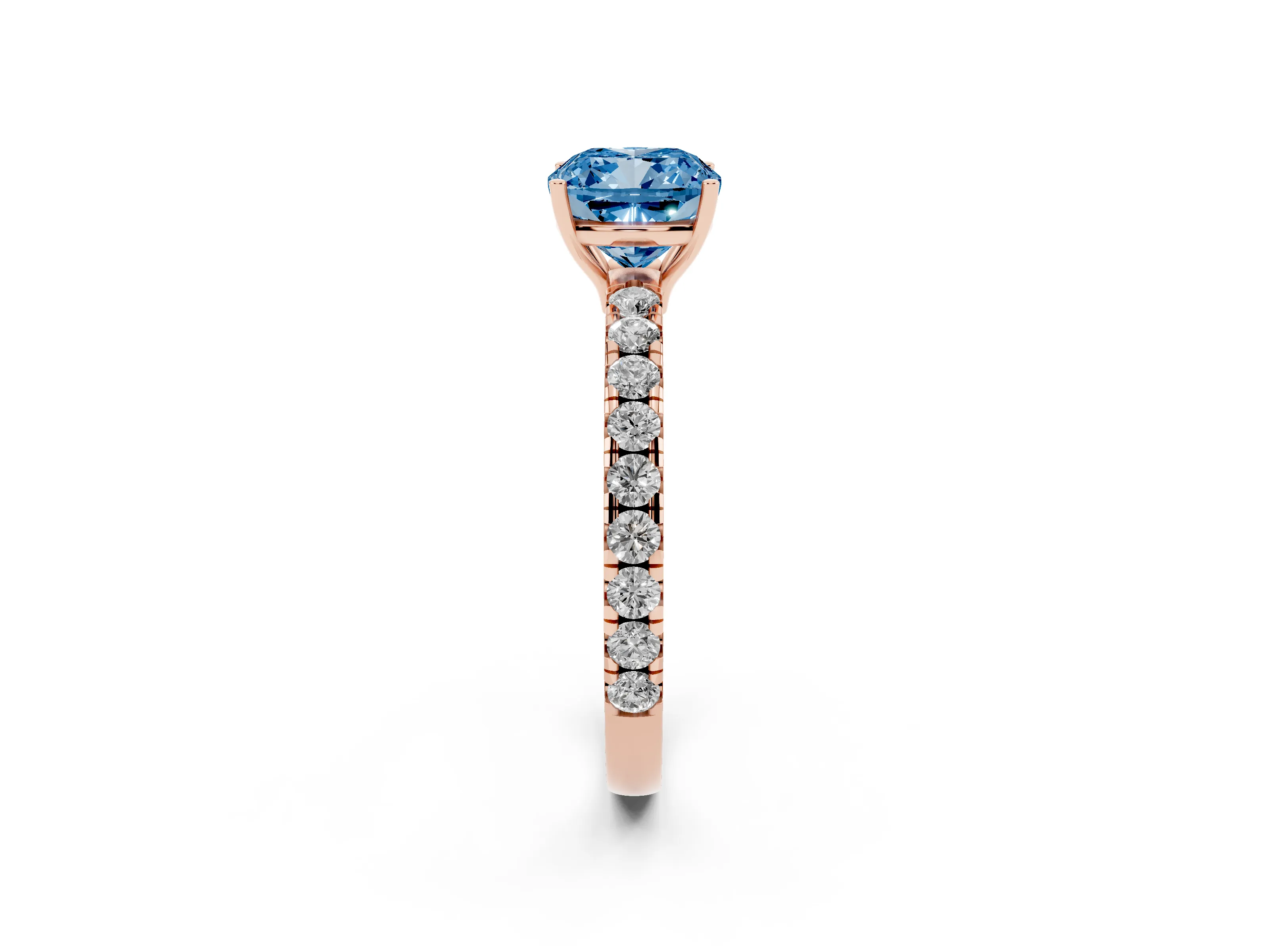 Fancy Blue Cushion Cut Diamond Pavé Solitaire Engagement Ring Set in Rose gold with Prong Setting