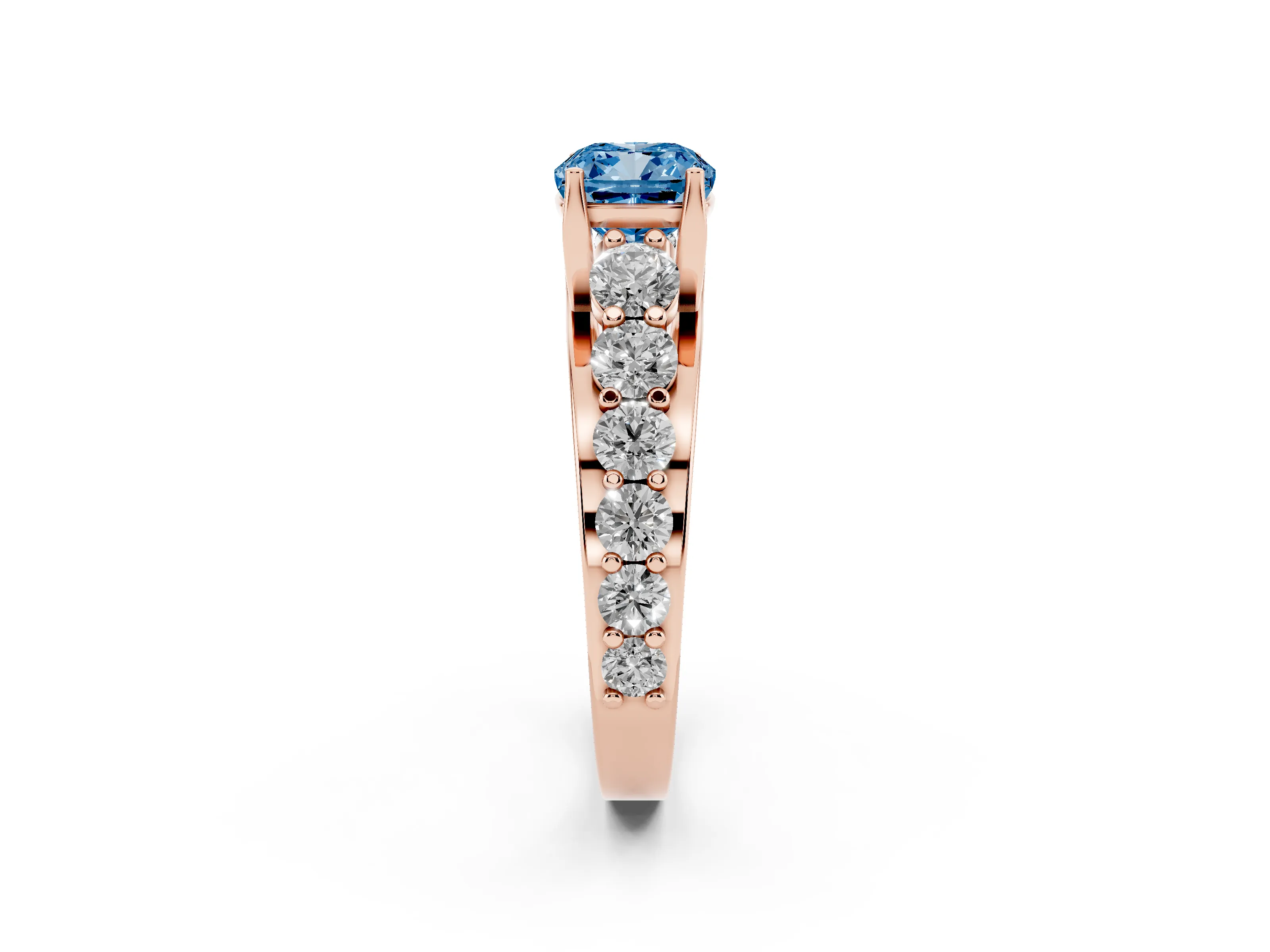 Fancy Blue Cushion Cut Diamond Pavé Engagement Ring Set in Rose gold with Prong Setting