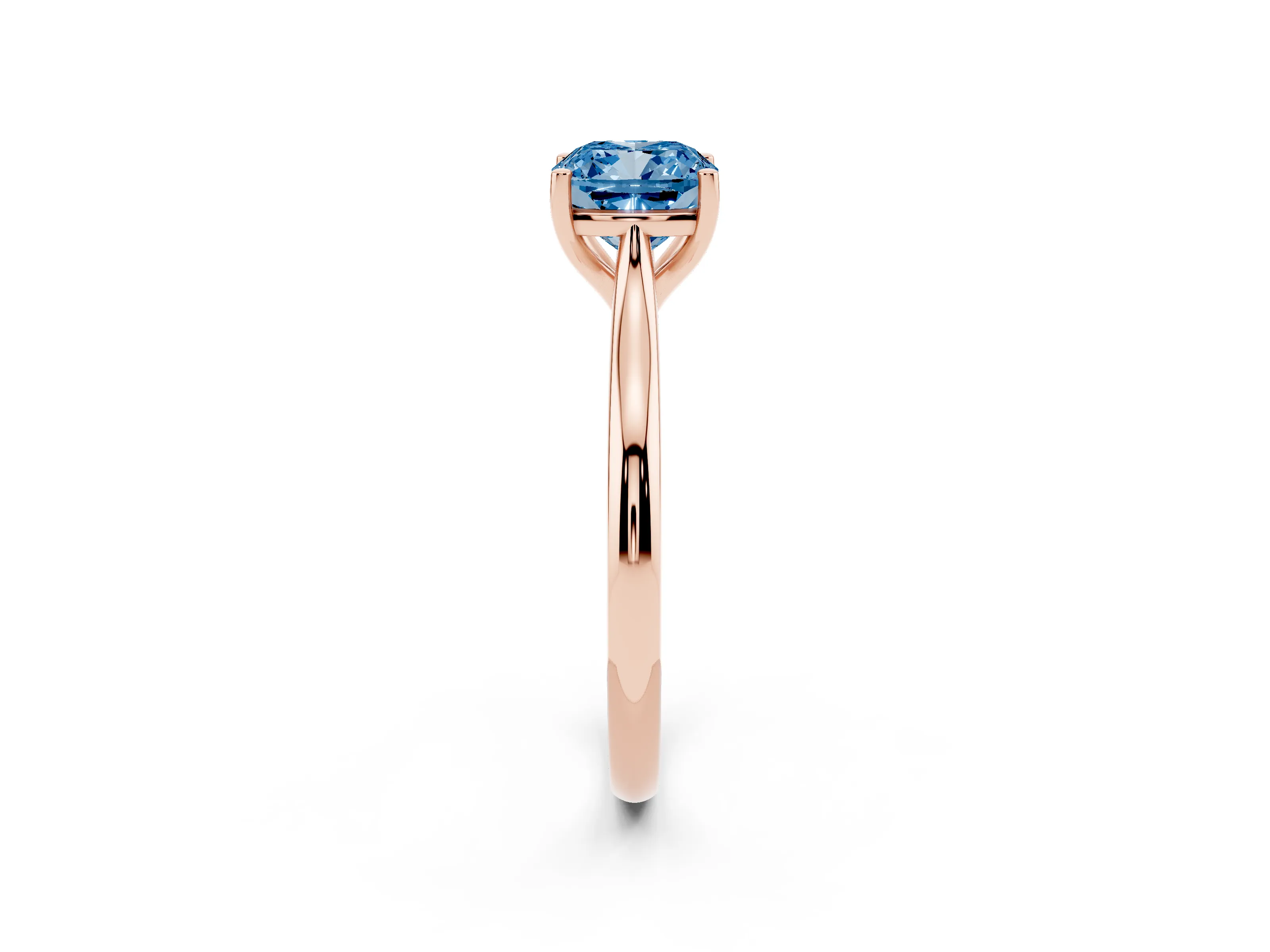 Fancy Blue Cushion Cut Diamond Solitaire Ring Set in Rose gold with Cathedral Band and Prong Setting