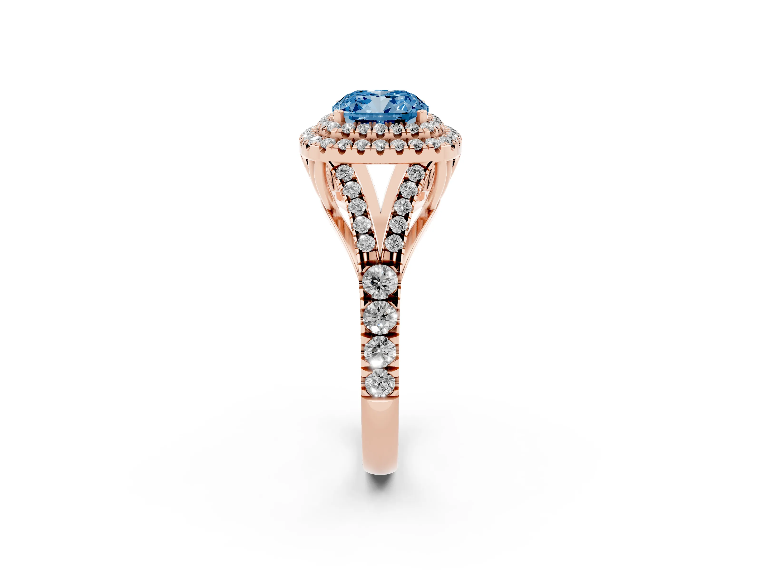 Fancy Blue Cushion Cut Diamond Pavé Split Shank Double Halo Engagement Ring Set in Rose gold