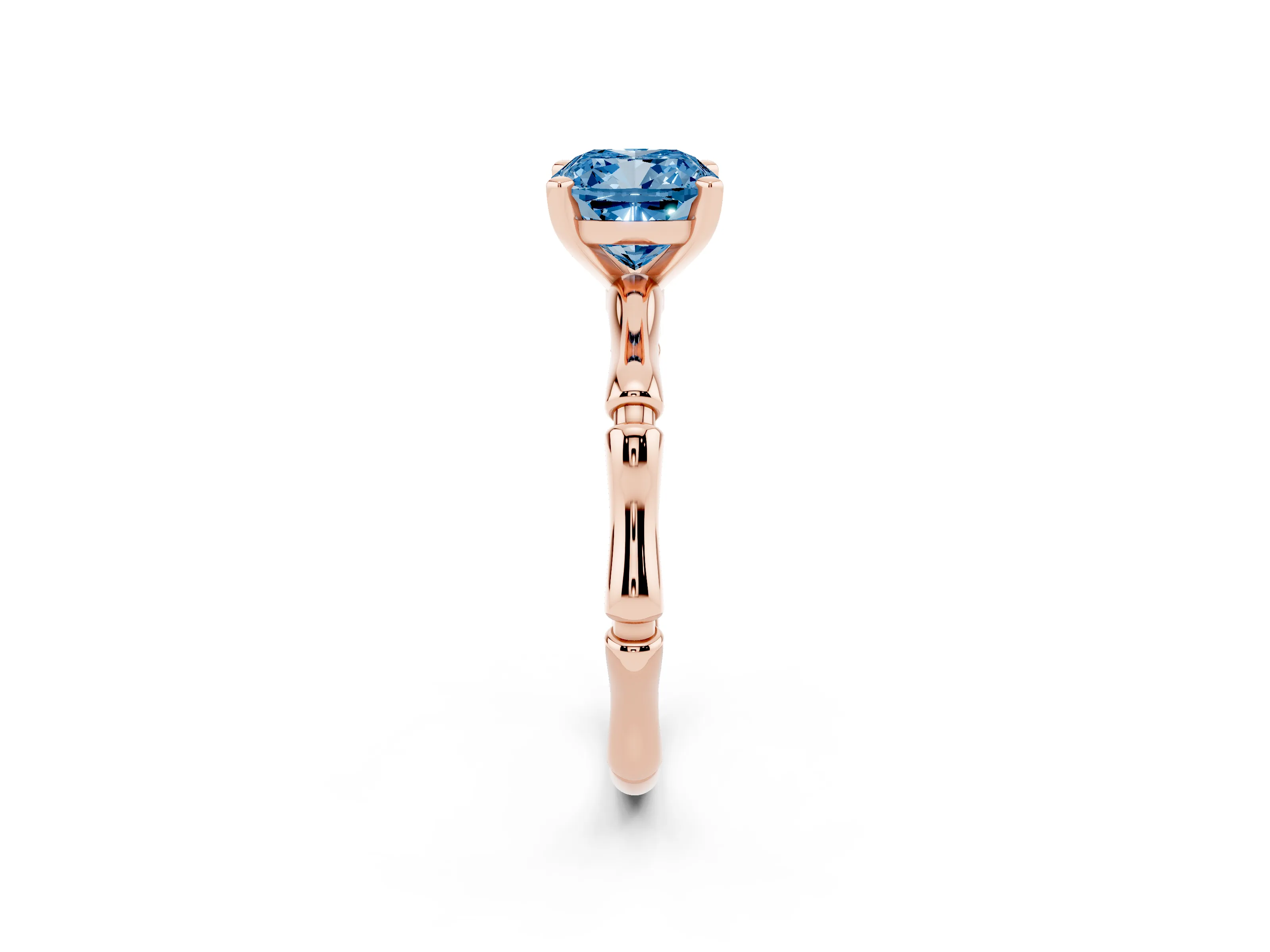 Fancy Blue Cushion Cut Diamond Solitaire Ring Set in Rose gold with Bamboo Band and Prong Setting
