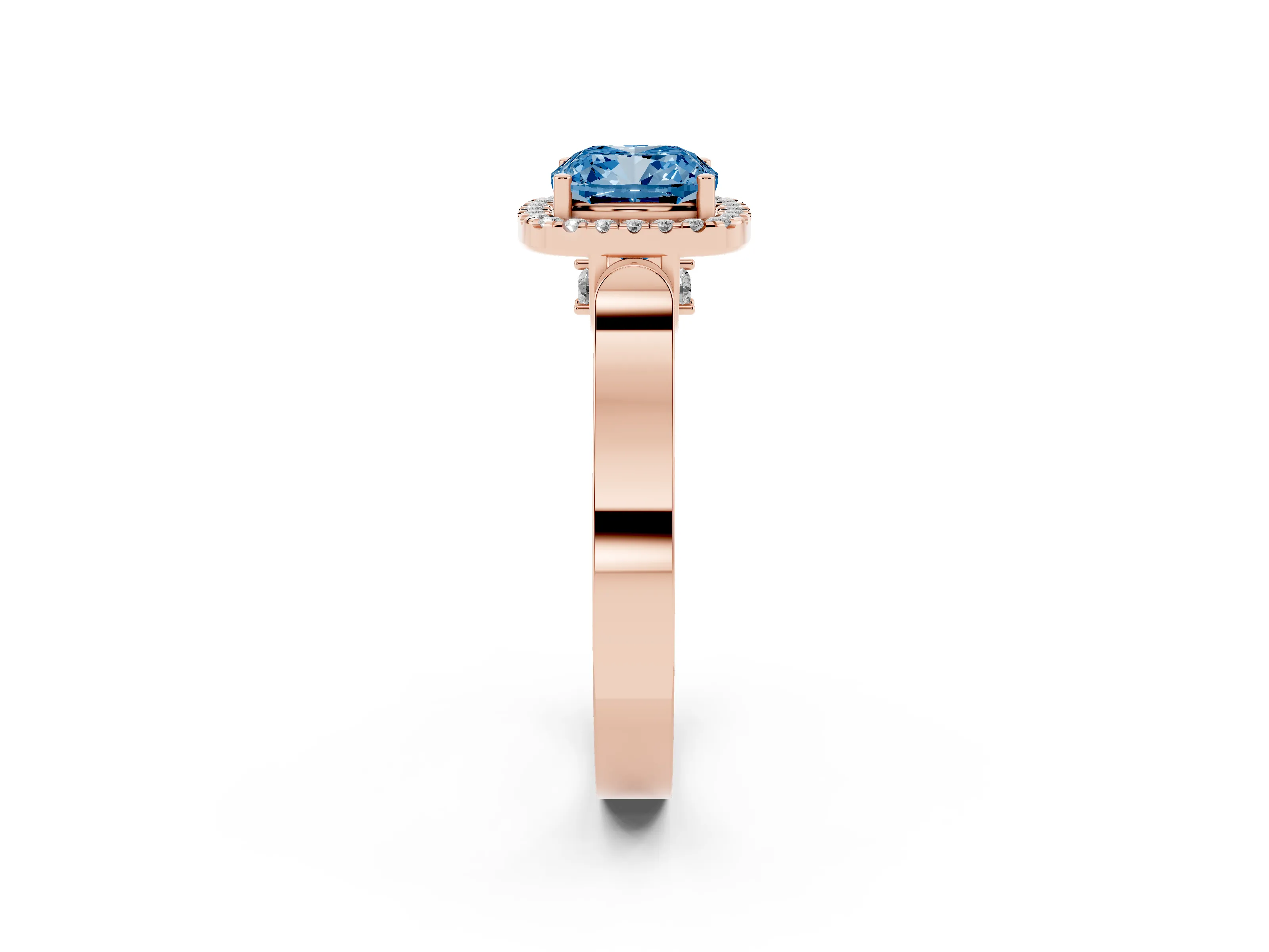 Fancy Blue Cushion Cut Diamond Halo Ring Set in Rose gold with Pavé-Lined Split Shank Band