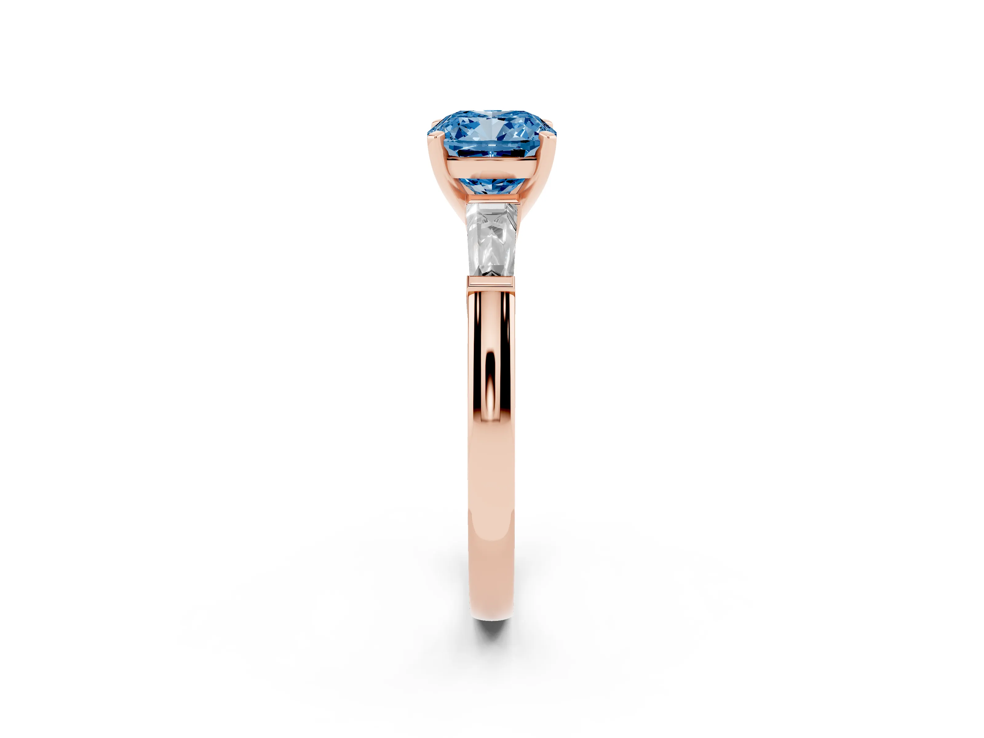 Fancy Blue Cushion Cut Diamond Solitaire Ring Set in Rose gold with Tapered Baguette Side Stones and Prong Setting