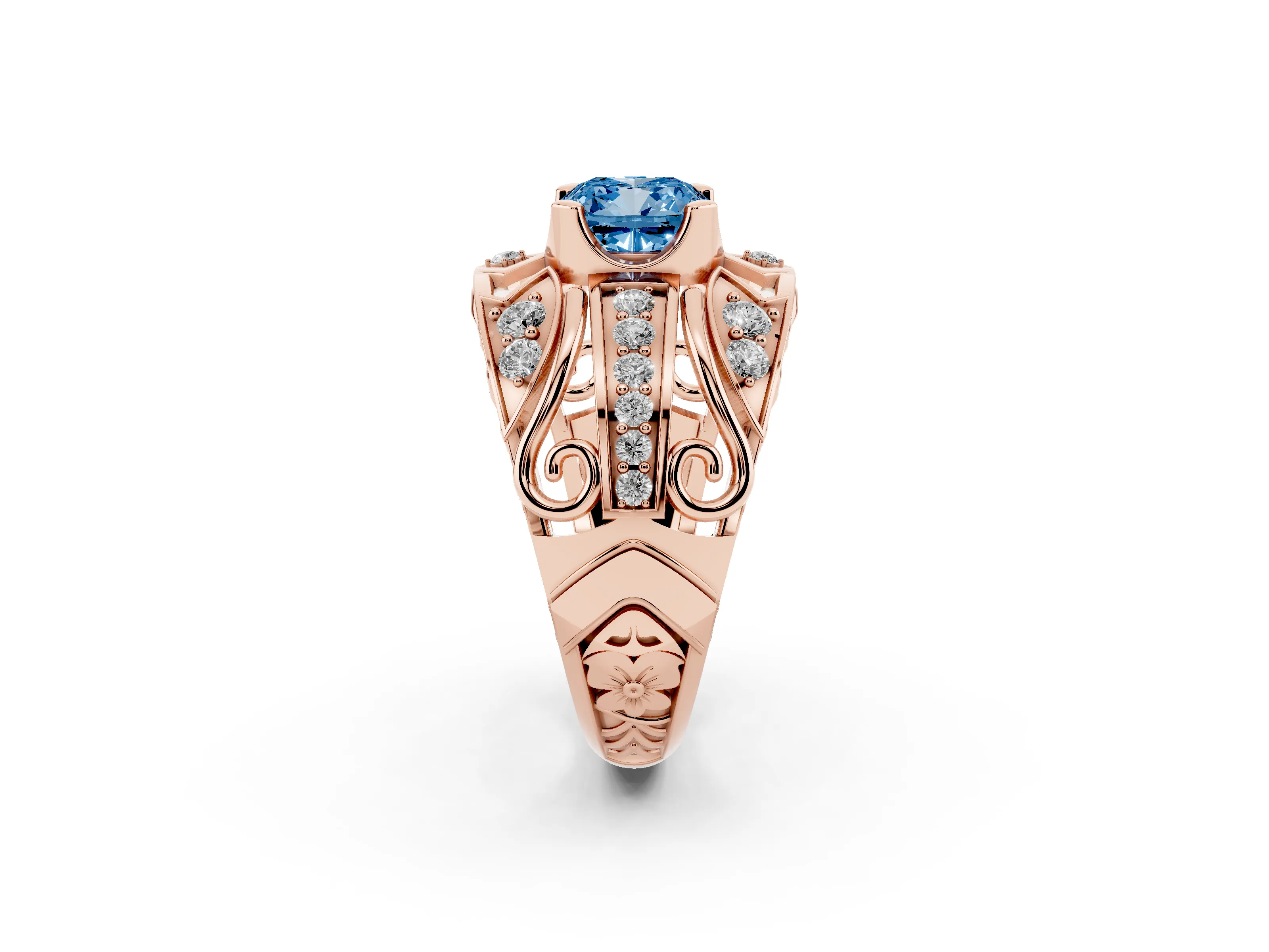 Fancy Blue Cushion Cut Diamond Art Deco Ring Set in Rose gold with Pavé Split Shank