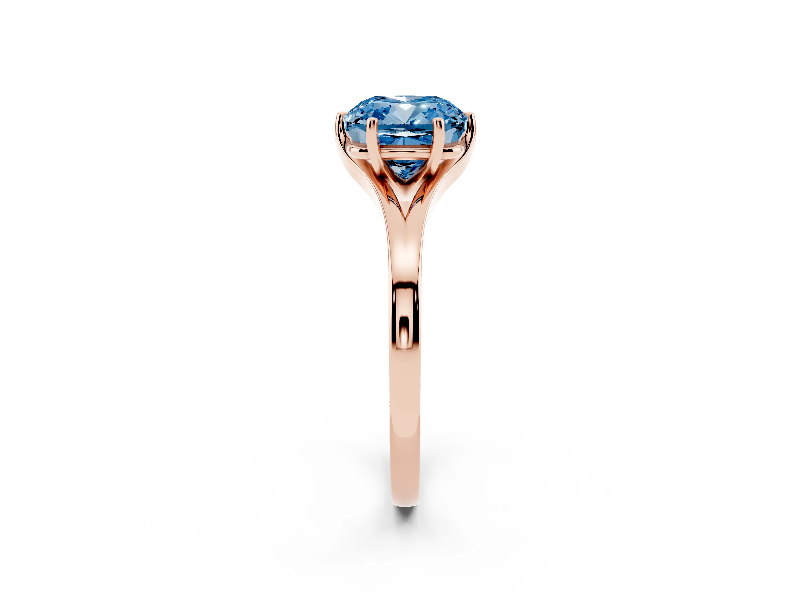 Fancy Blue Cushion Cut Diamond Solitaire Ring Set in Rose gold with Polished Tapered Band and Prong Setting