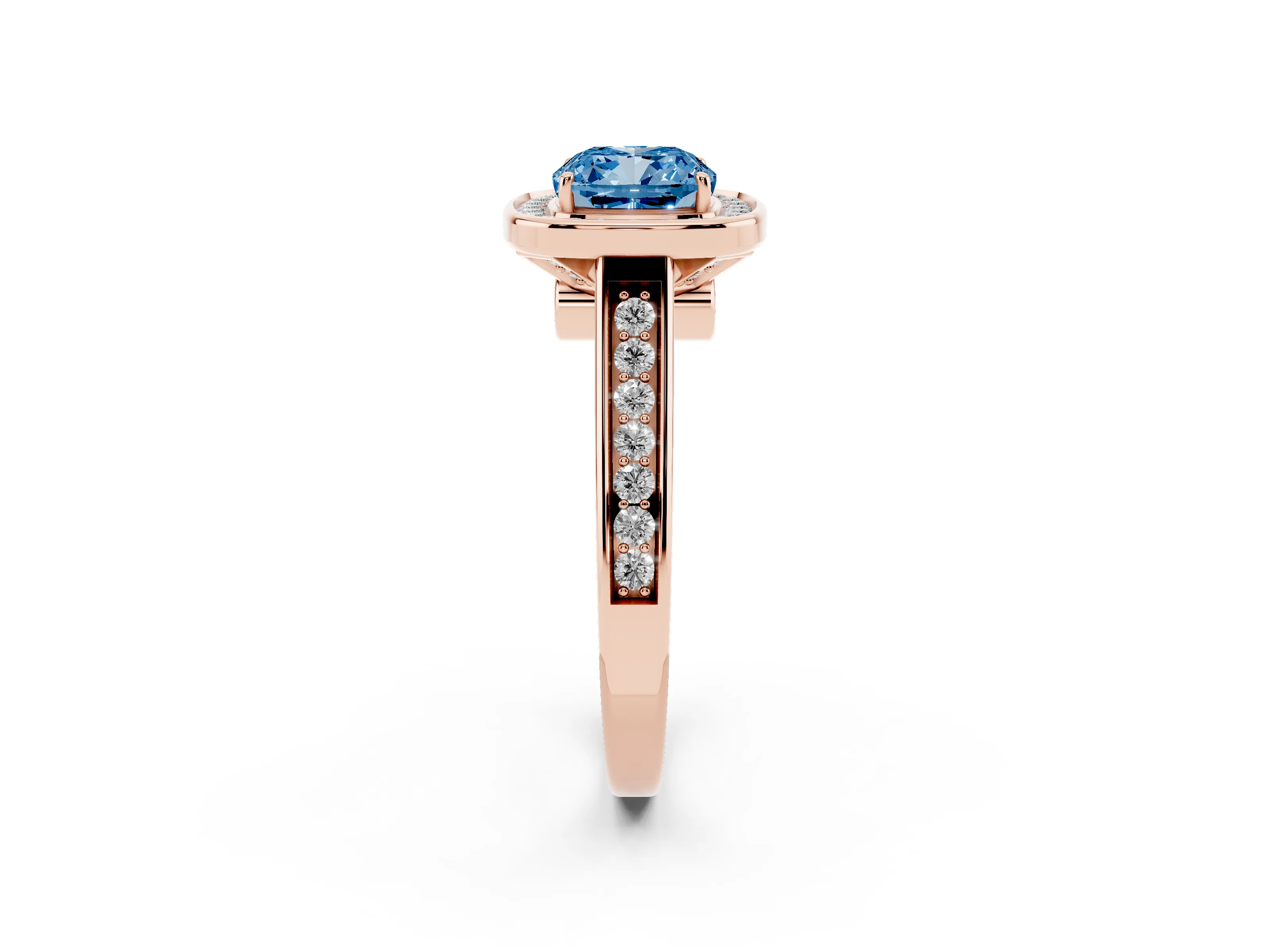 Fancy Blue Cushion Cut Diamond Halo Solitaire Ring Set in Rose gold with Pavé Band and Bezel Setting