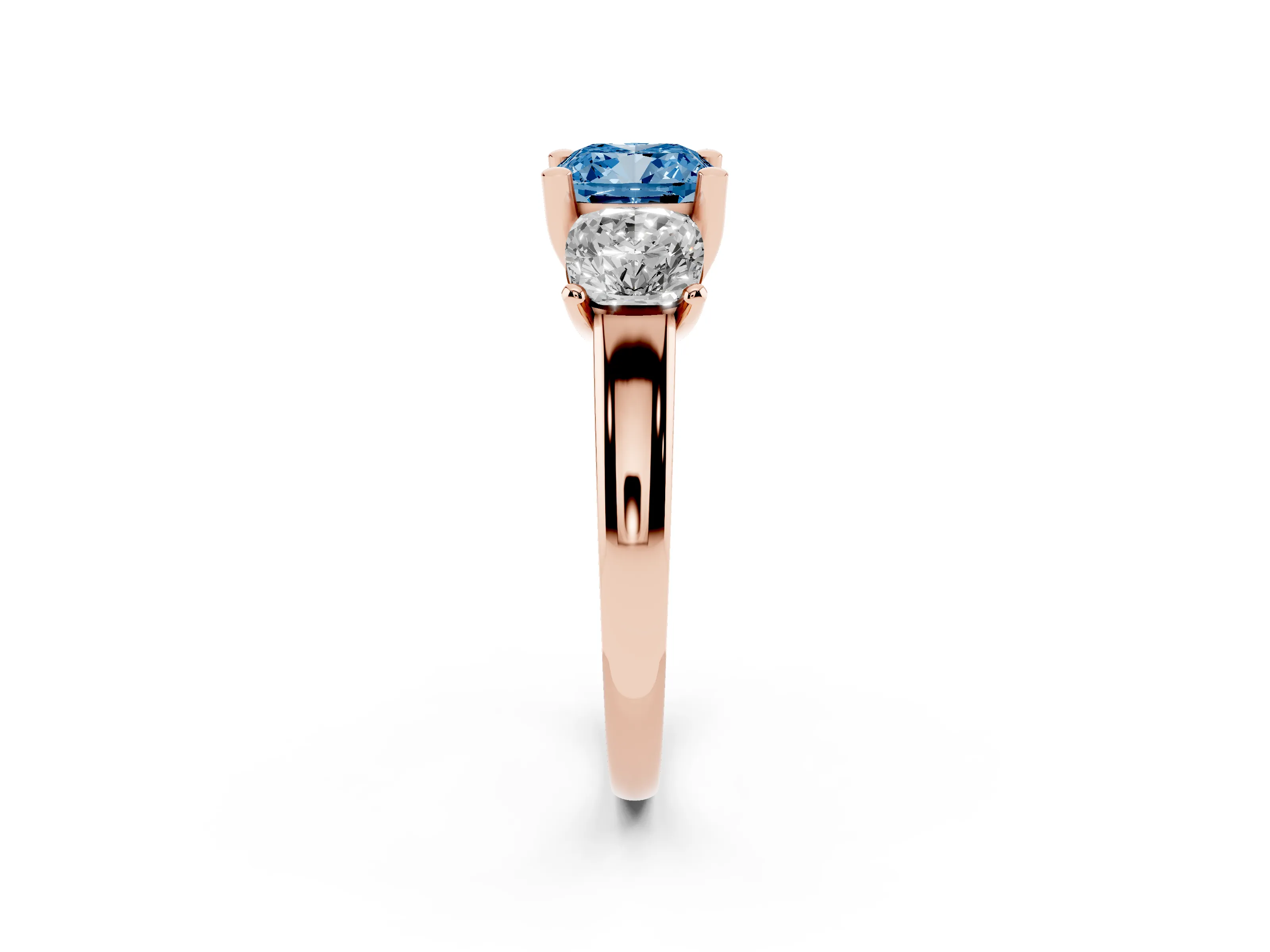 Fancy Blue Cushion Cut Diamond Three-Stone Ring Set in Rose gold with Classic Prong Setting and Plain Band