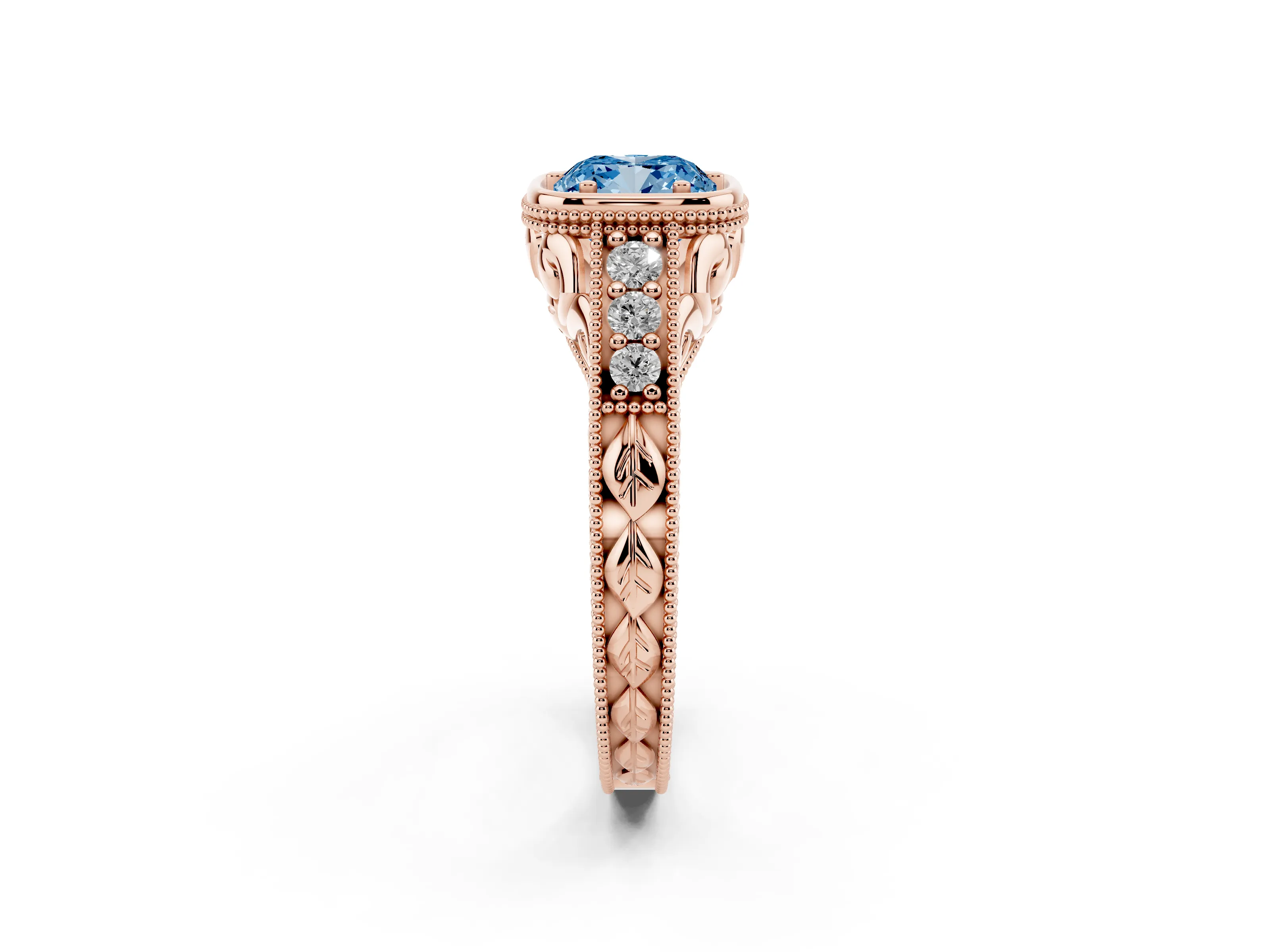 Fancy Blue Bezel Set Cushion Cut Diamond Milgrain Pavé Engagement Ring Set in Rose gold