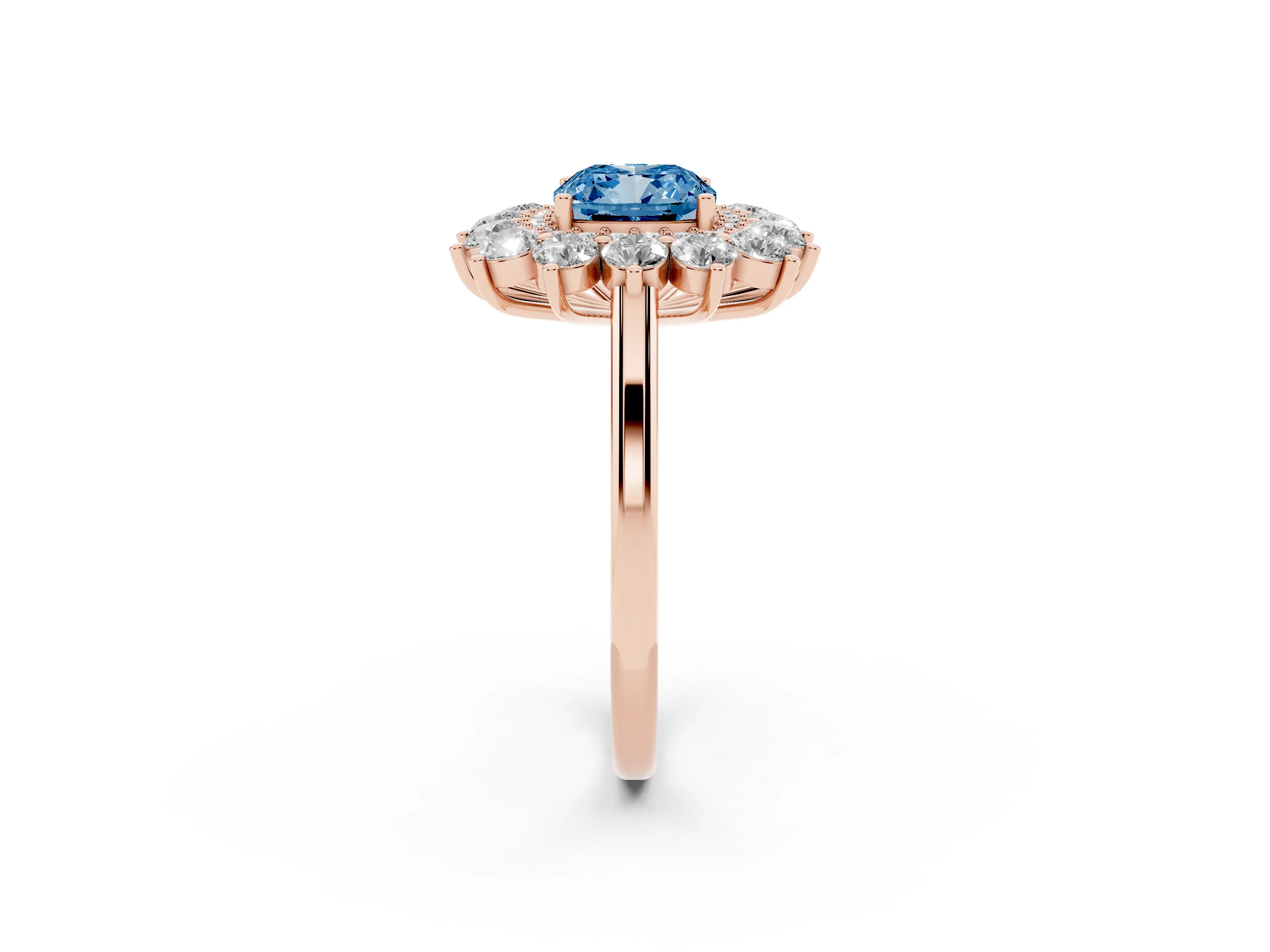 Fancy Blue Cushion Cut Diamond Floral Double Halo Ring Set in Rose gold with Round Petals