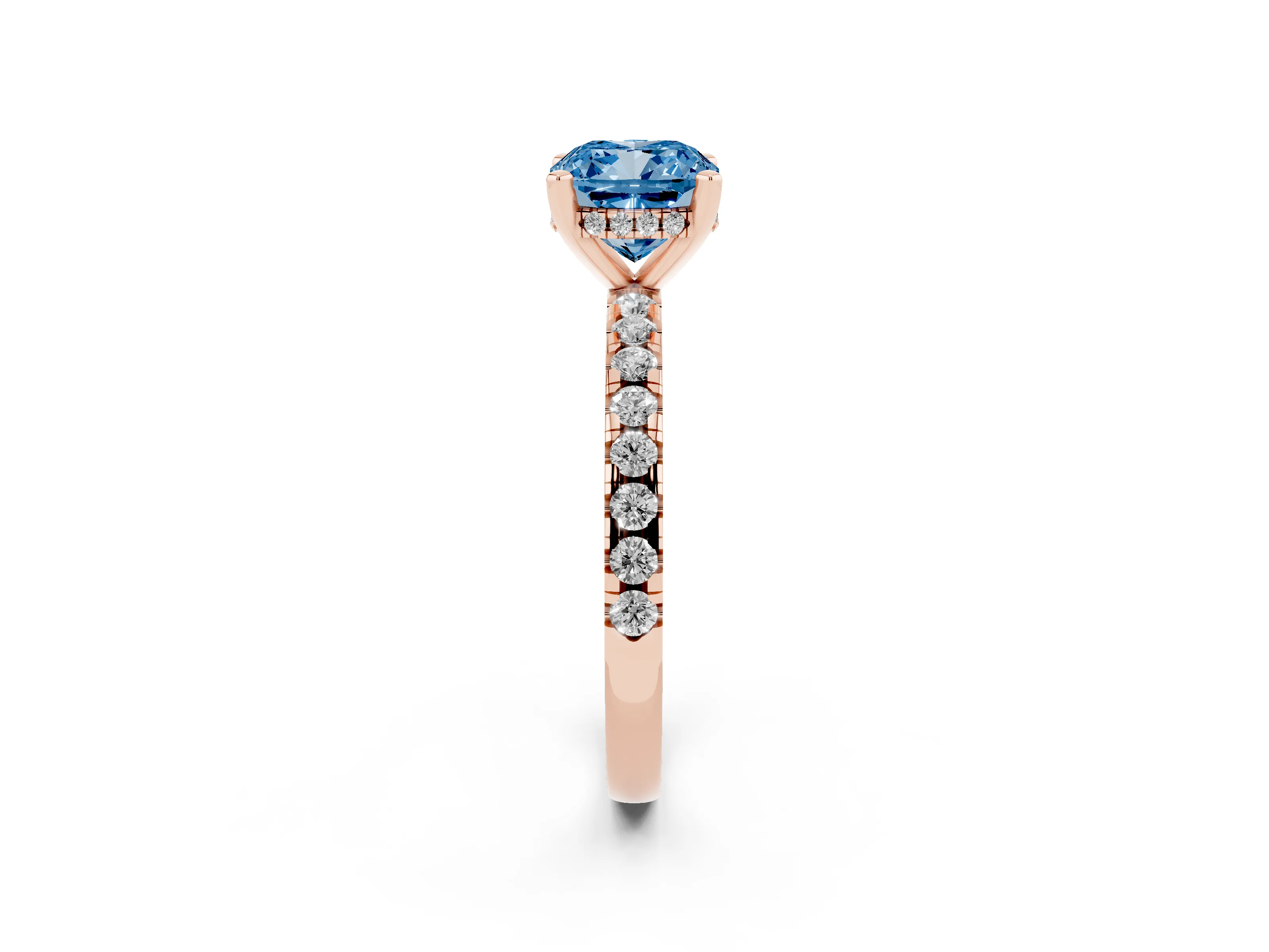 Fancy Blue Cushion Cut Diamond Pavé Solitaire Ring Set in Rose gold with Round Band Accents and Prong Setting
