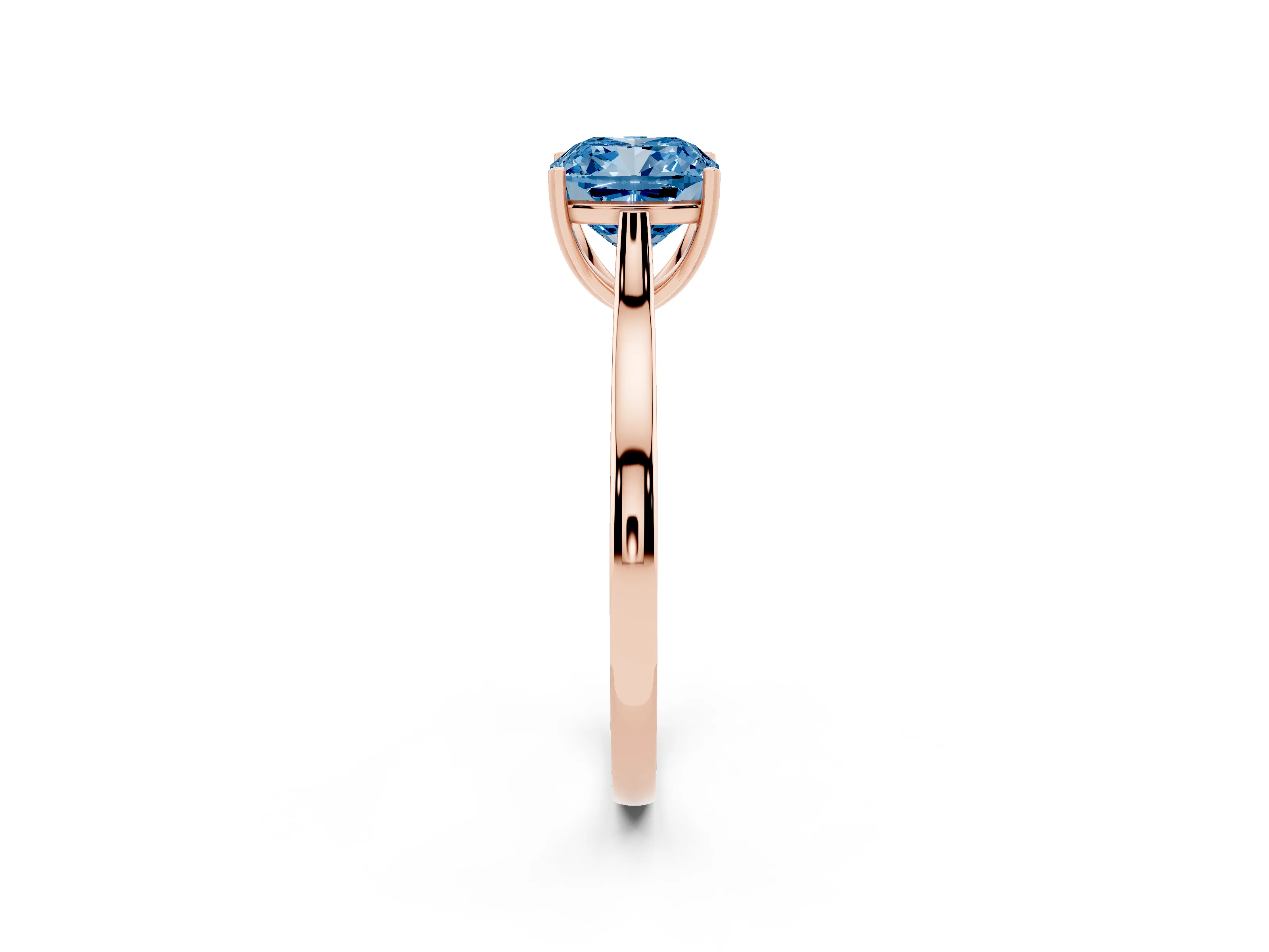 Fancy Blue Cushion Cut Diamond Solitaire Heart Prong Engagement Ring Set in Rose gold with Tapered Band