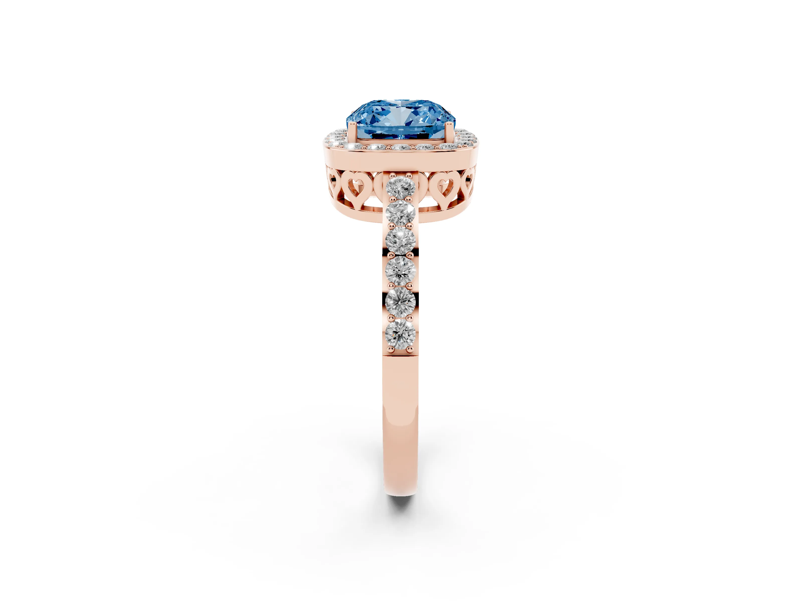 Fancy Blue Cushion Cut Diamond Halo Ring Set in Rose gold with Pavé-Setting Band and Open Prong Center