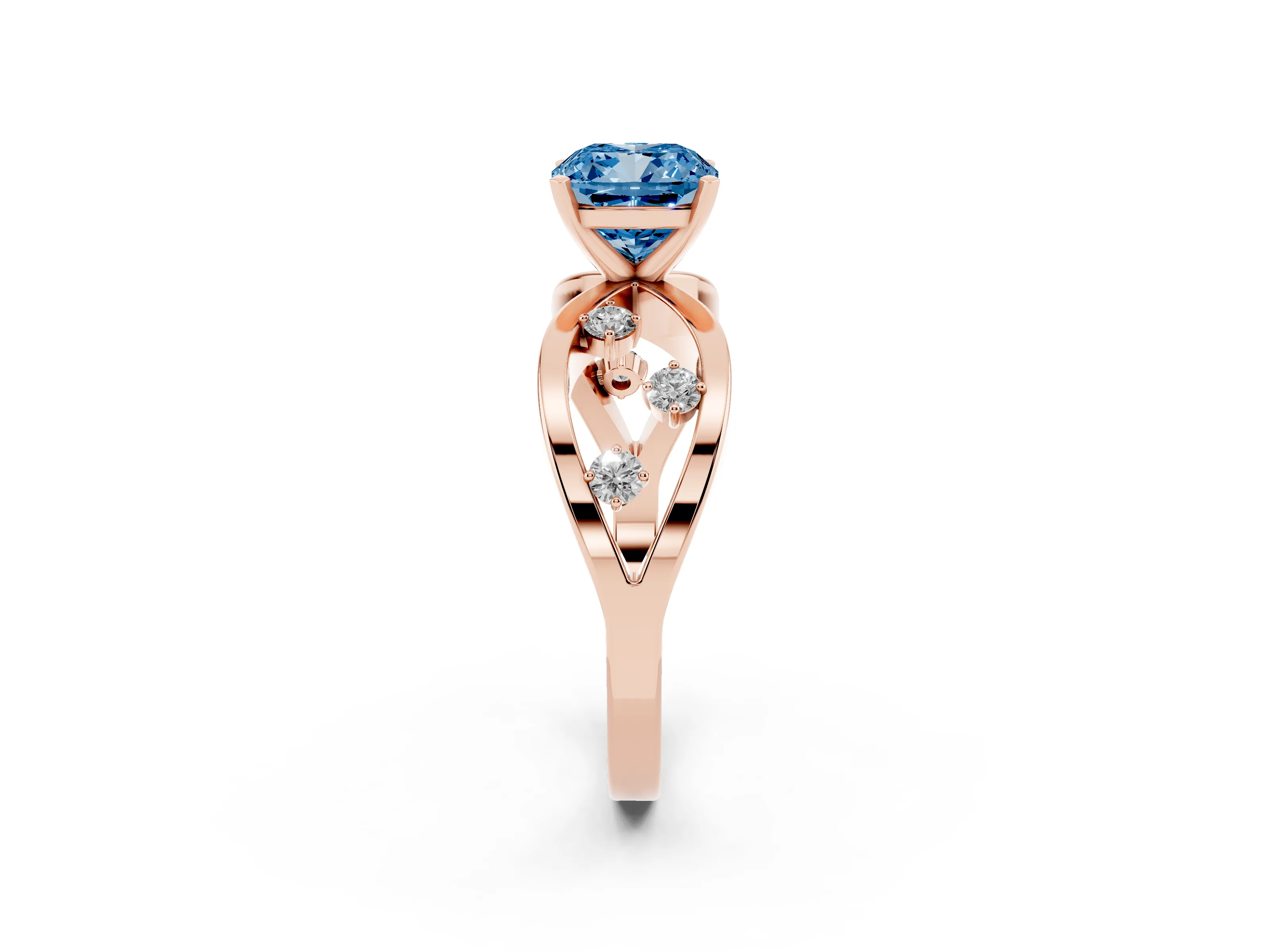 Fancy Blue Cushion Cut Diamond Solitaire Ring Set in Rose gold with Side Stones on Criss-Cross Band and Prong Setting