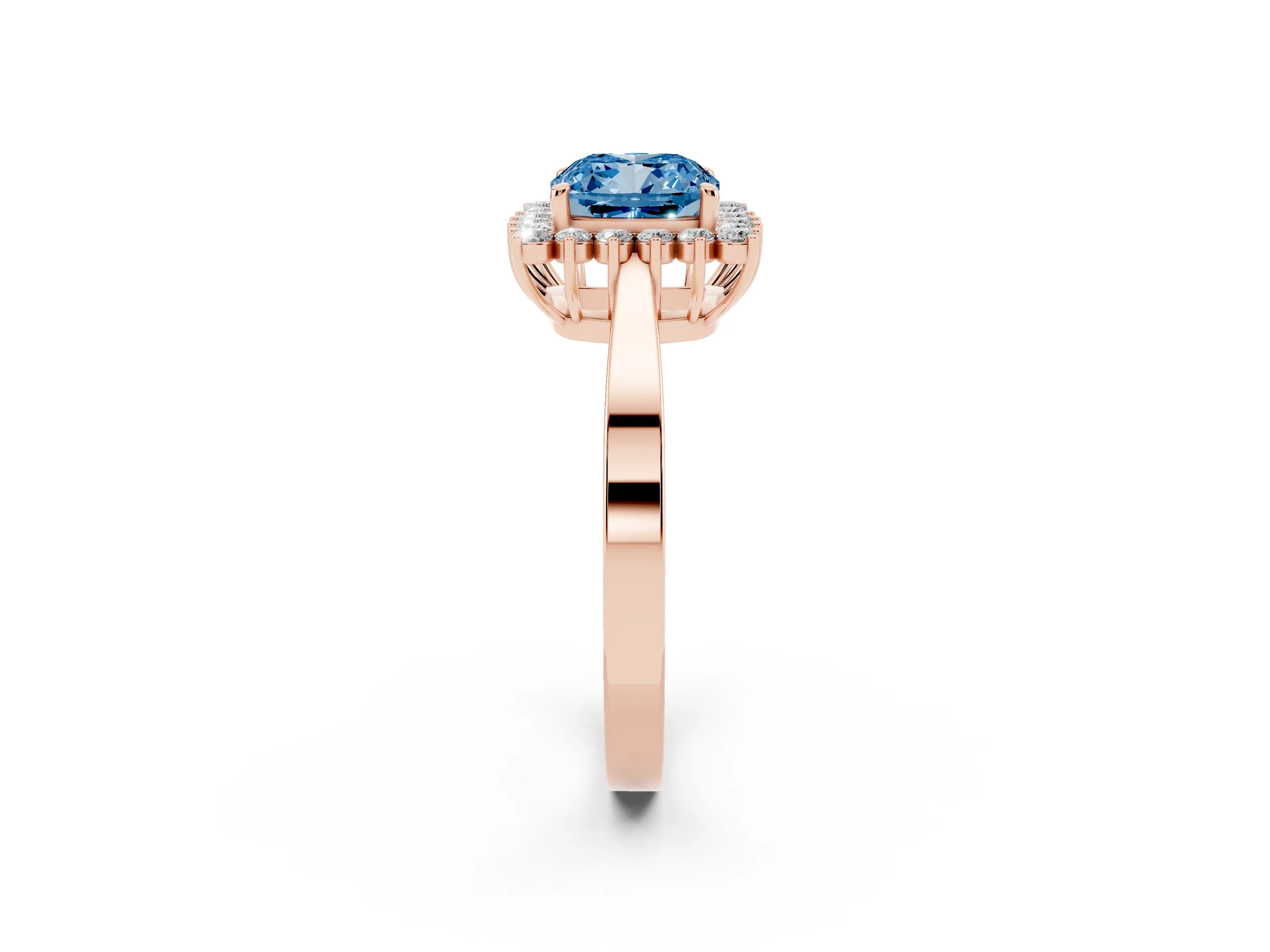 Fancy Blue Cushion Cut Diamond Halo Ring Set in Rose gold with Round Halo and Smooth Solitaire Band