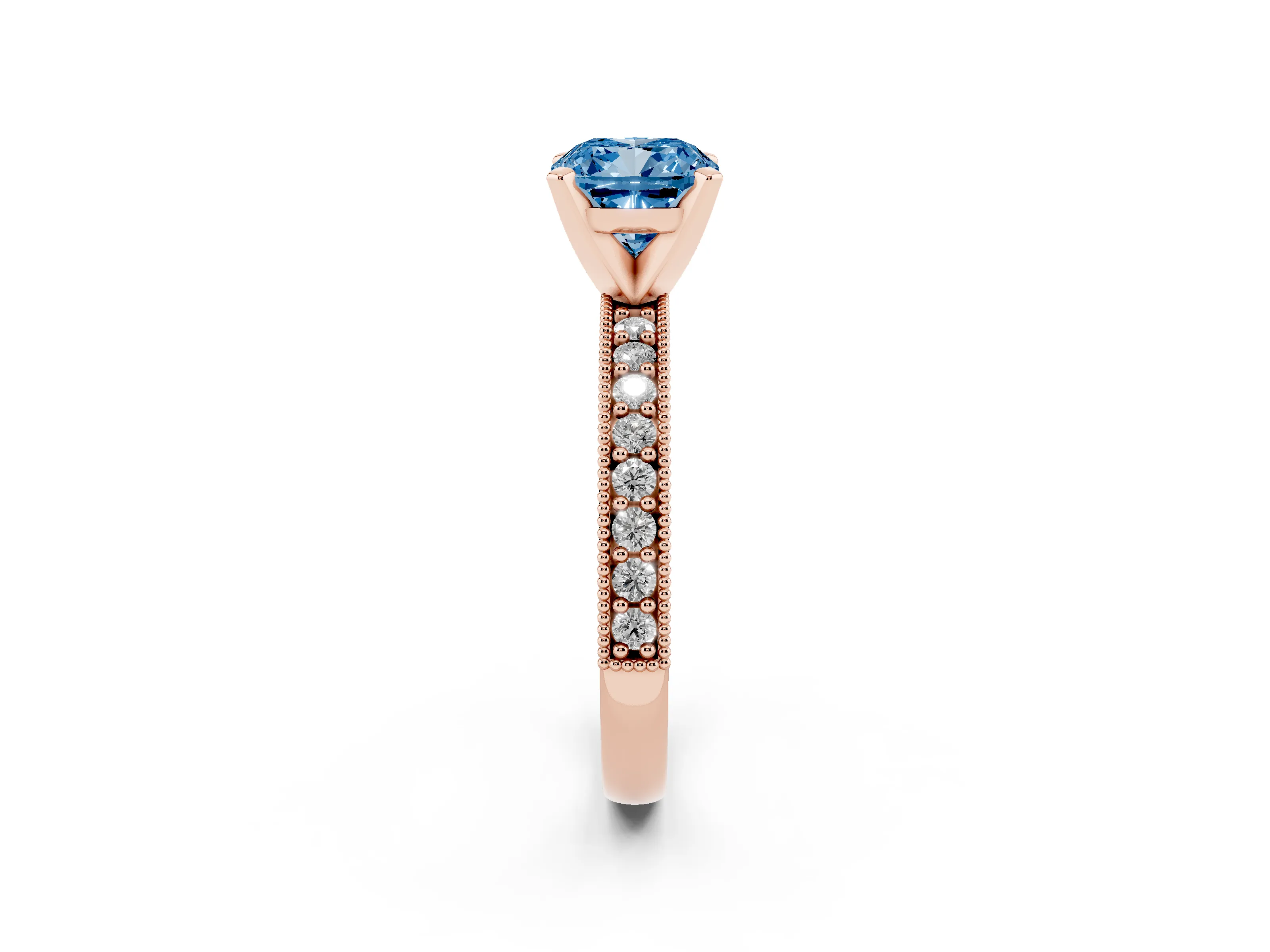 Fancy Blue Cushion Cut Diamond Milgrain Pavé Engagement Ring Set in Rose gold with Prong Setting
