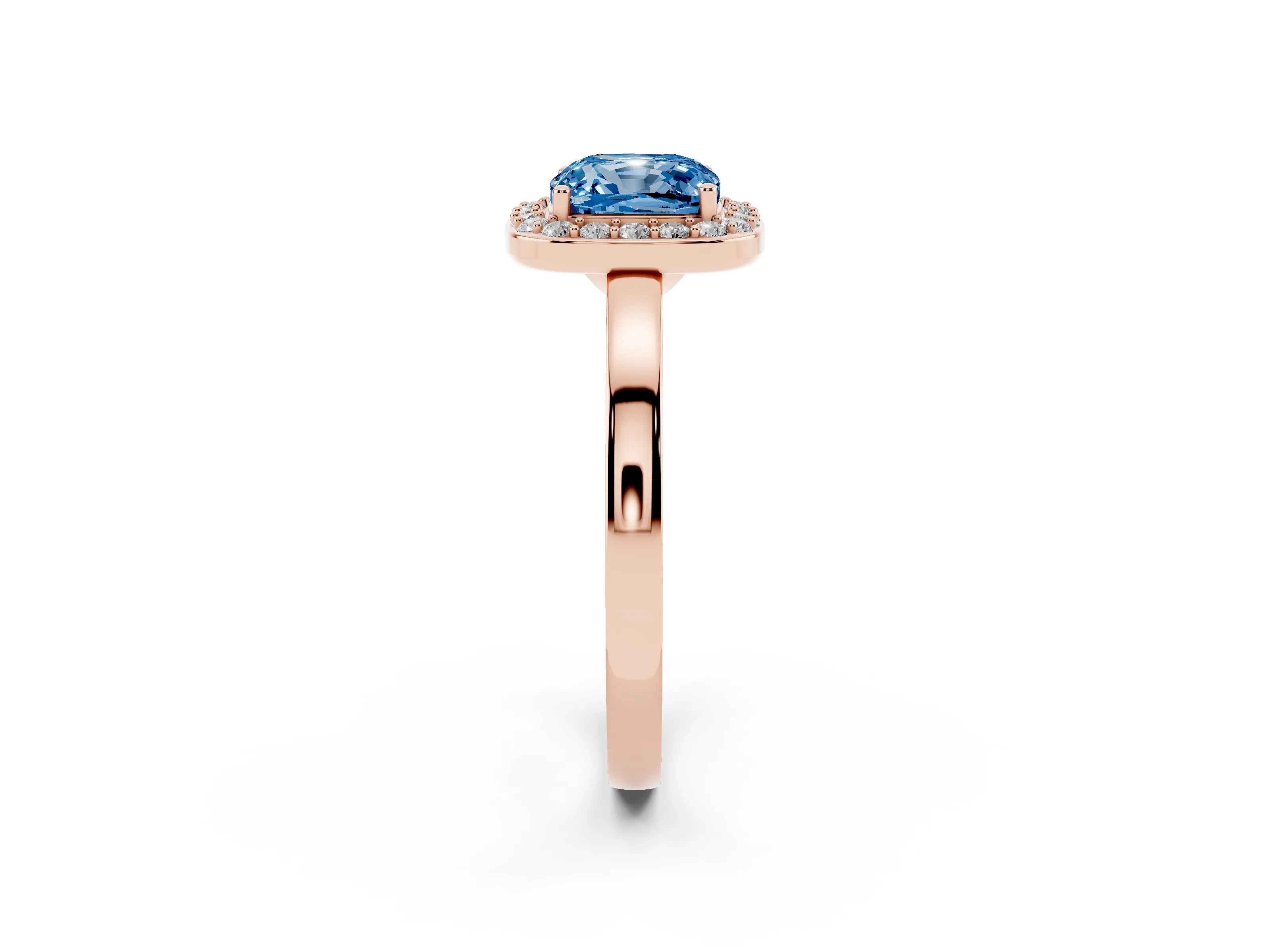 Fancy Blue Cushion Cut Diamond Halo Ring Set in Rose gold with Solitaire Band and Prong Setting