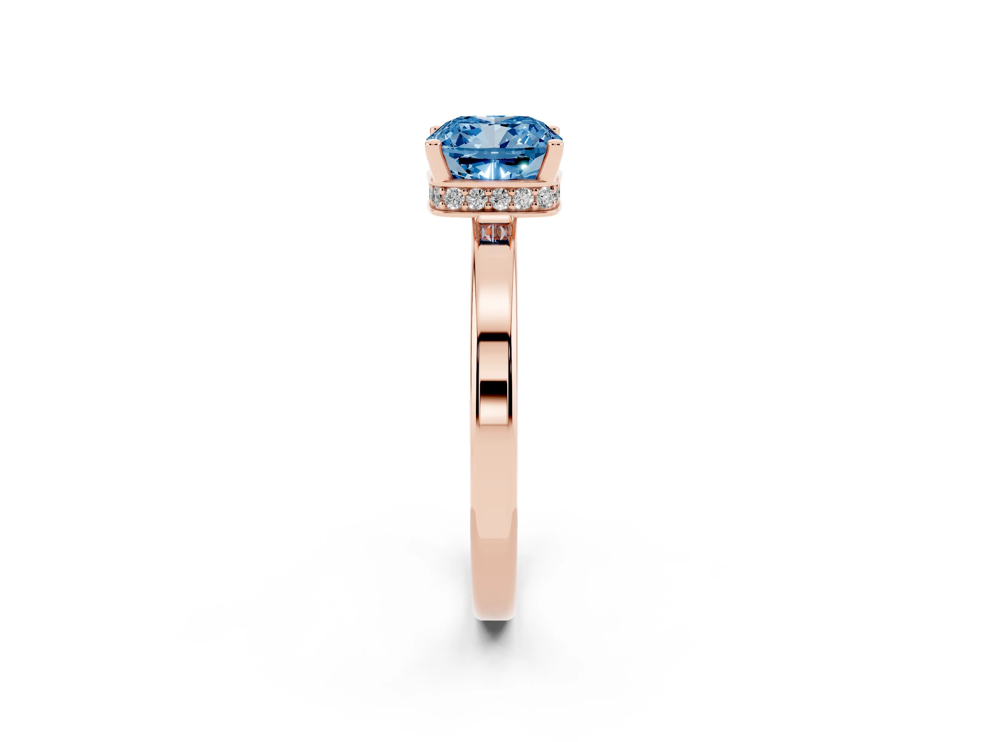Fancy Blue Cushion Cut Diamond Solitaire Engagement Ring Set in Rose gold with Prong Setting on a Plain Band