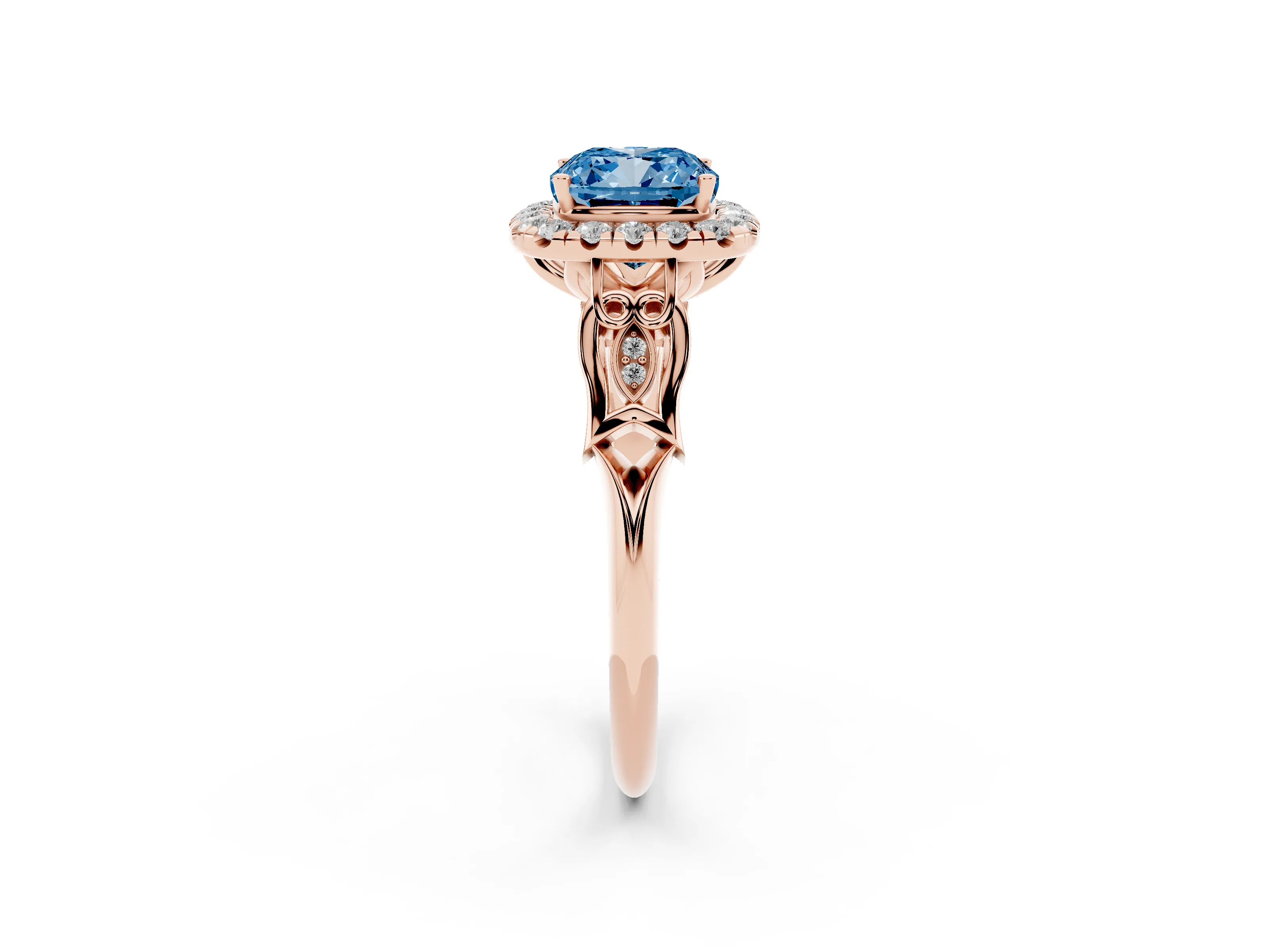 Fancy Blue Cushion Cut Diamond Halo Engagement Ring Set in Rose gold with Filigree Band and Prong-Set Center