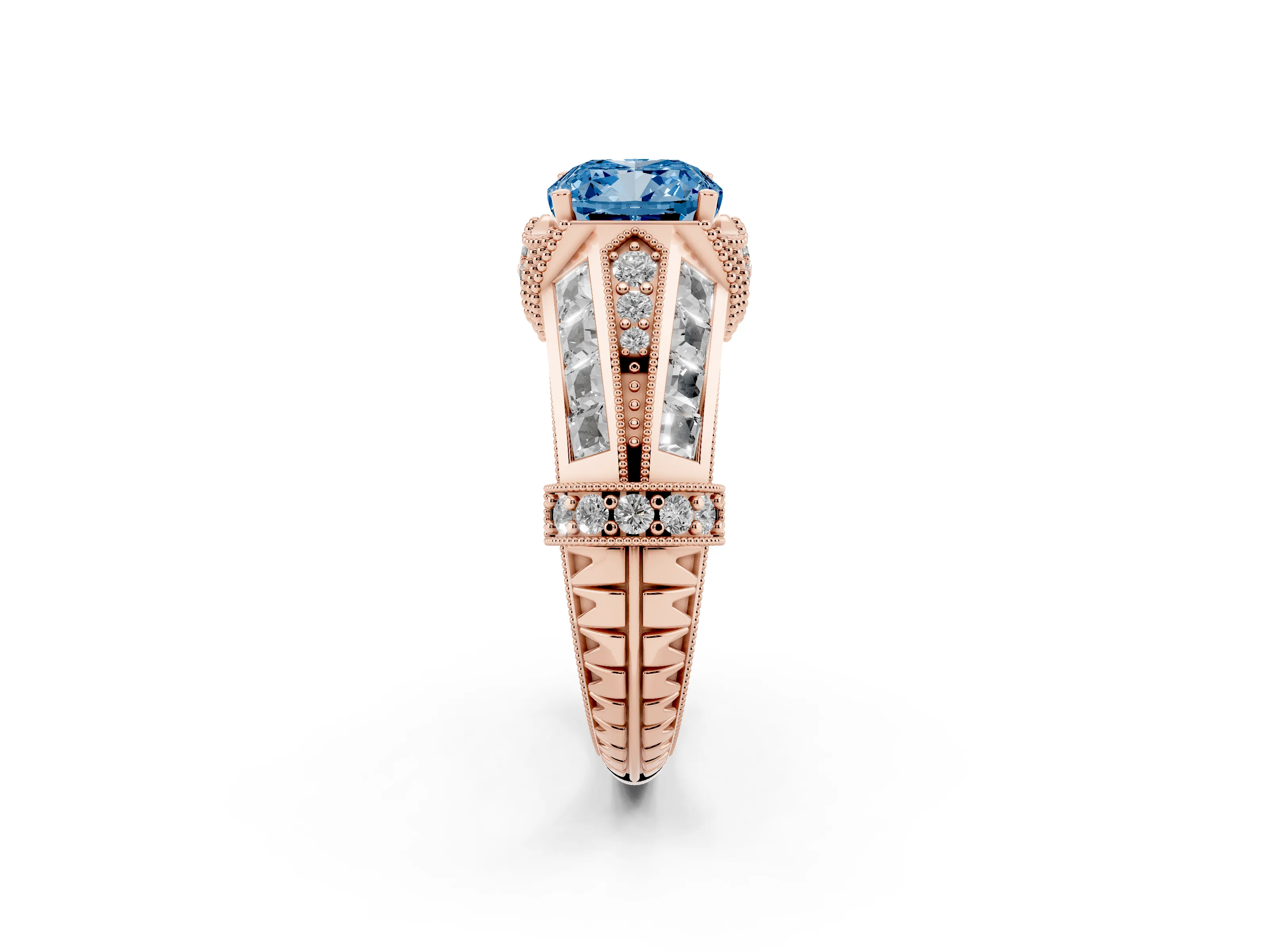 Fancy Blue Cushion Cut Diamond Vintage-Inspired Milgrain Ring Set in Rose gold with Accent Split Shank