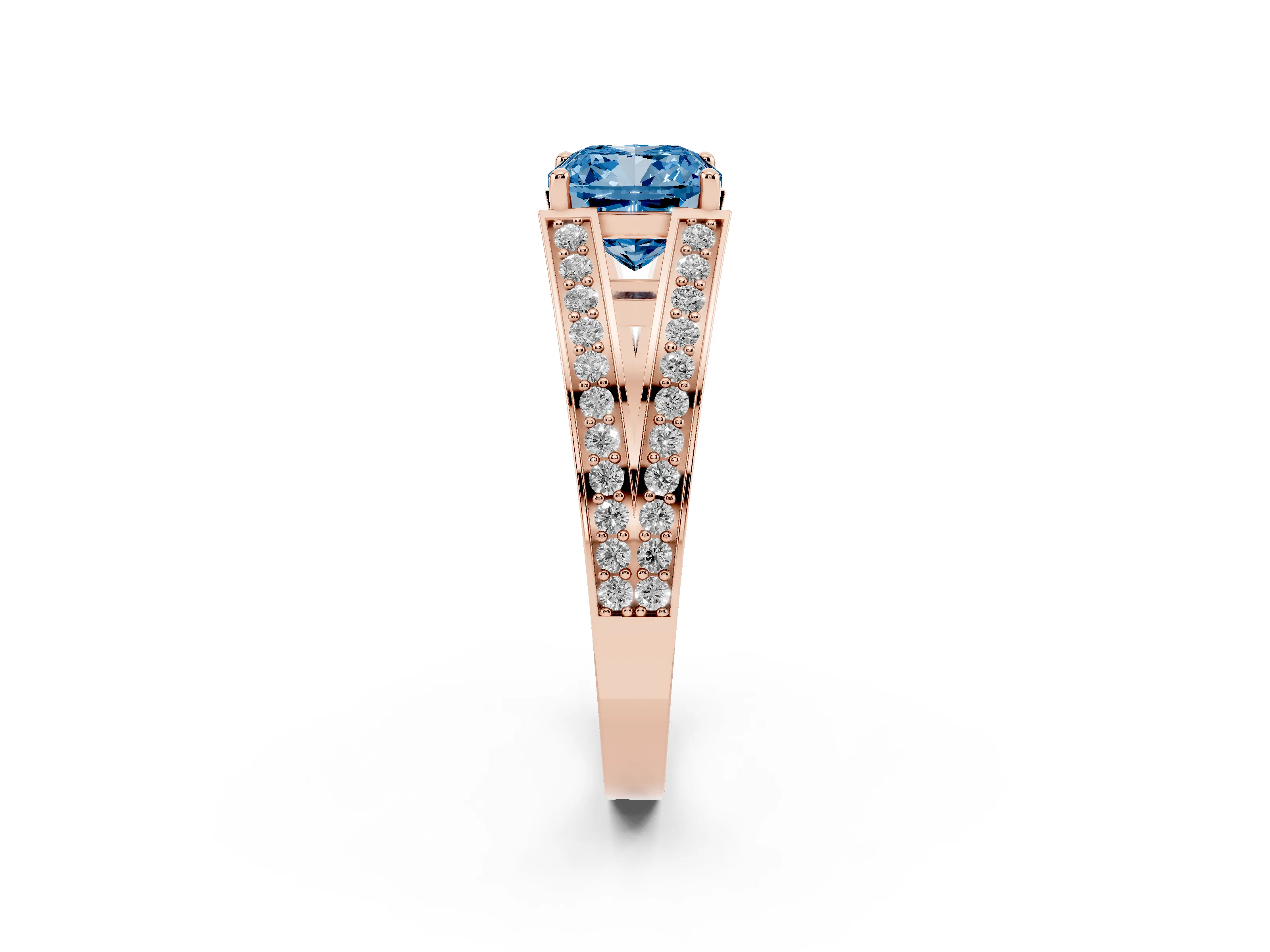 Fancy Blue Cushion Cut Diamond Split Shank Ring Set in Rose gold with Pavé Band and Prong Setting