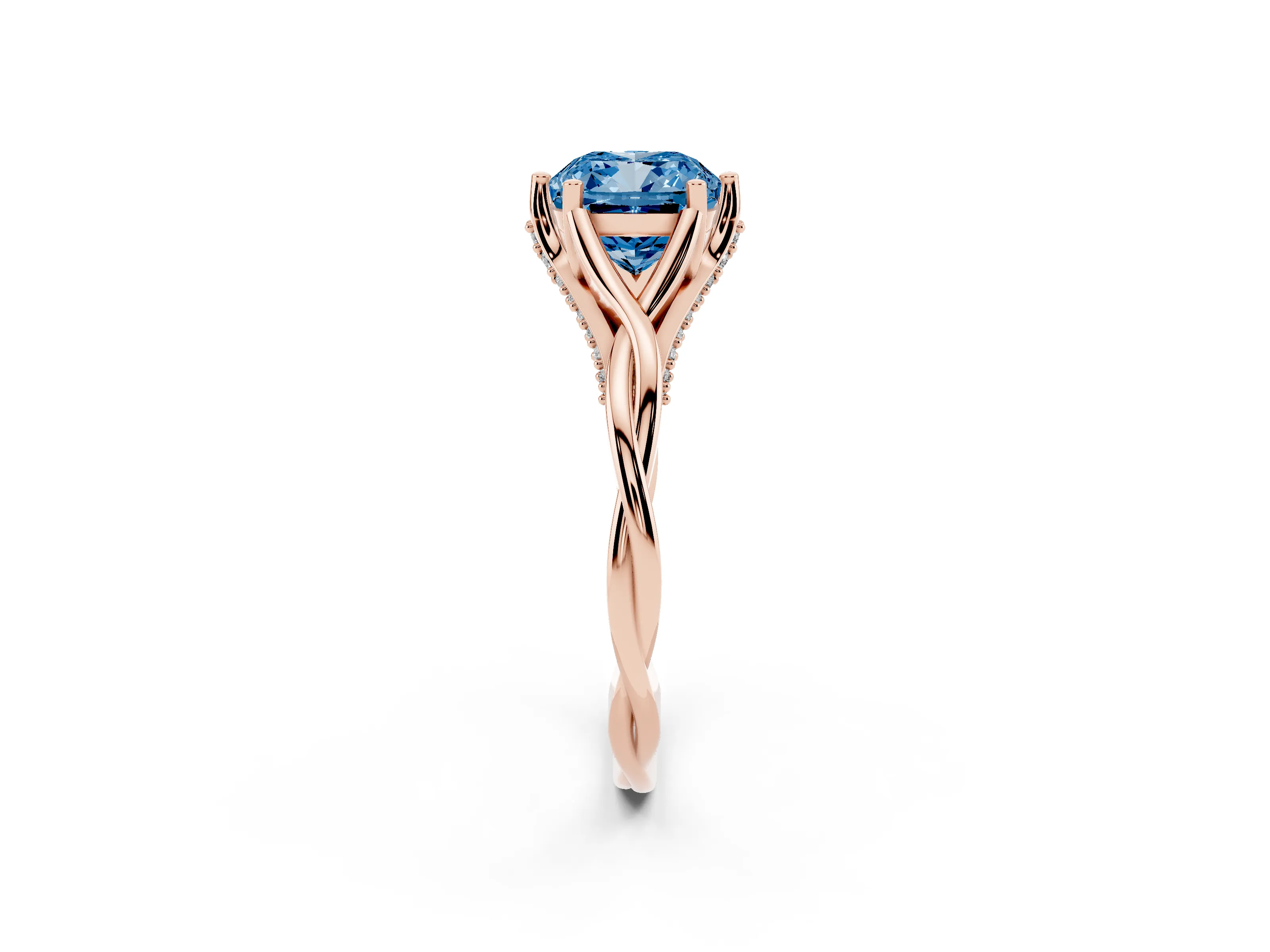 Fancy Blue Cushion Cut Diamond Intertwined Twist Band Solitaire Ring Set in Rose gold with Prong Setting