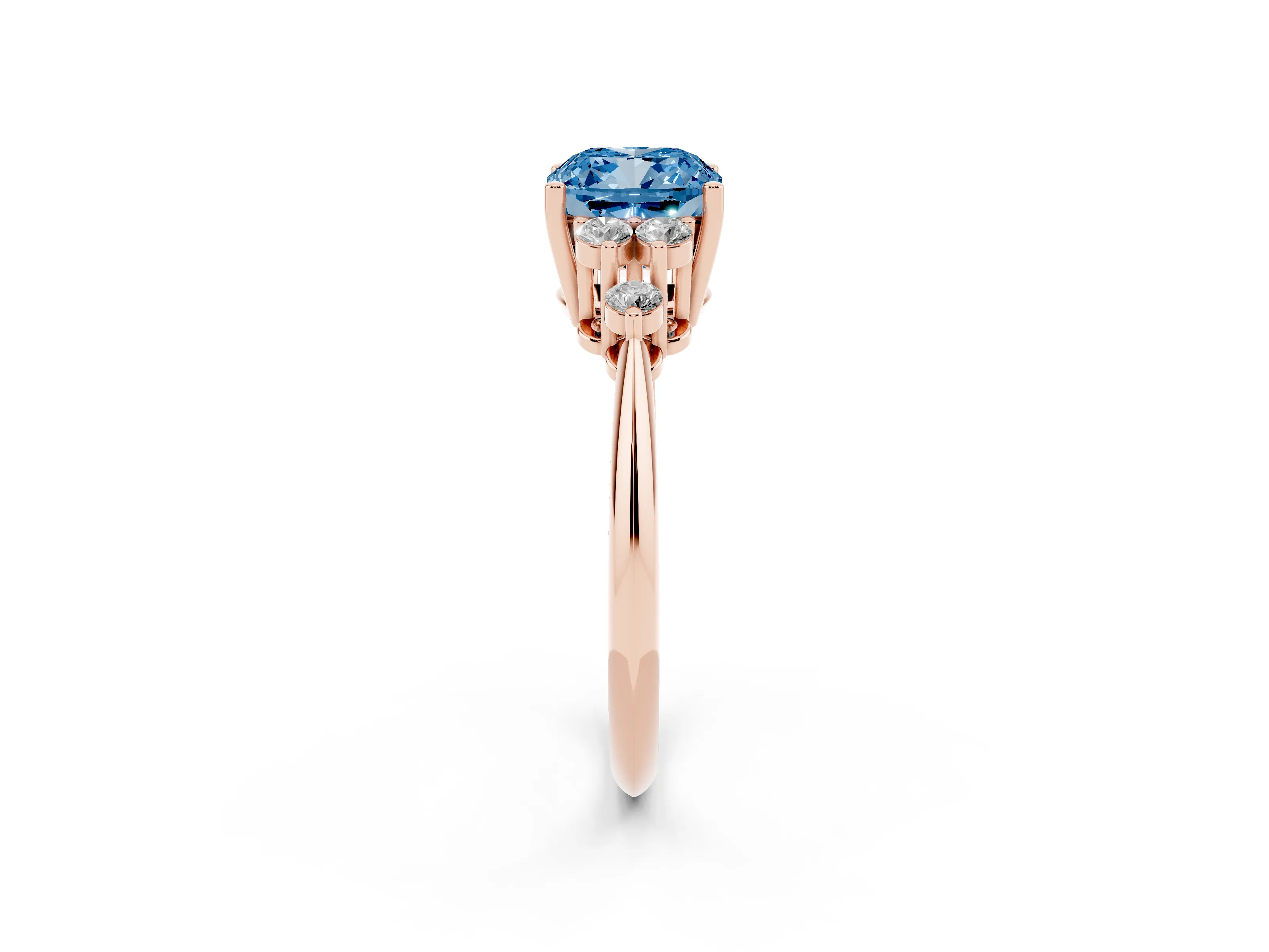 Fancy Blue Cushion Cut Diamond Cluster Ring Set in Rose gold with Plain Band and Prong Setting