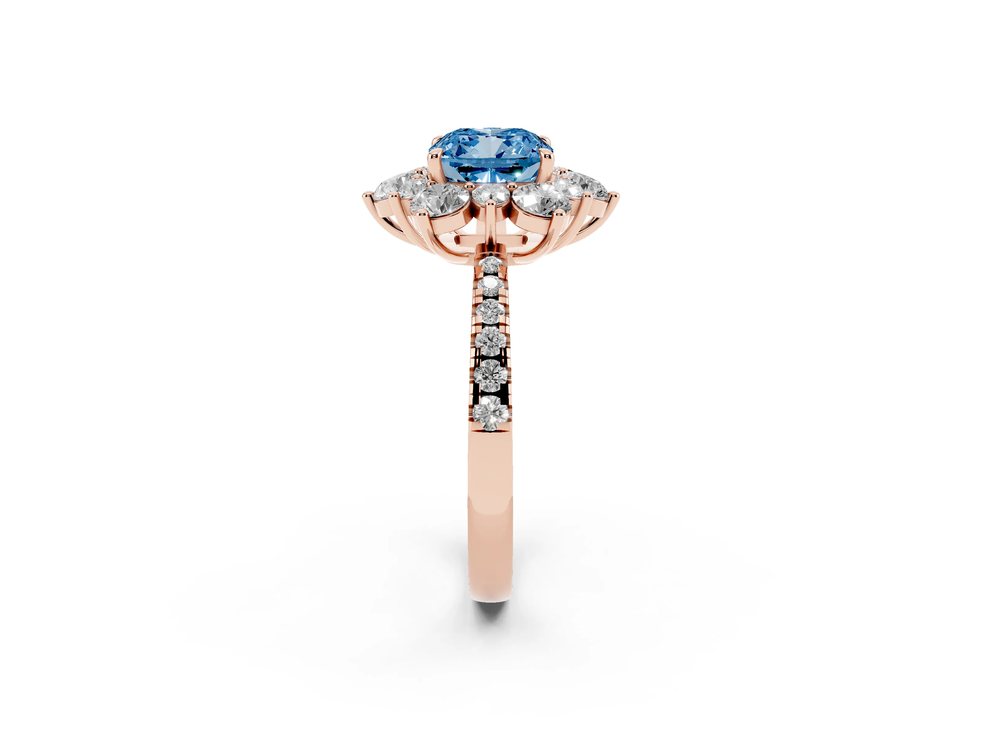 Fancy Blue Cushion Cut Diamond Floral Halo Ring Set in Rose gold with Round Pavé Band and Prong Setting