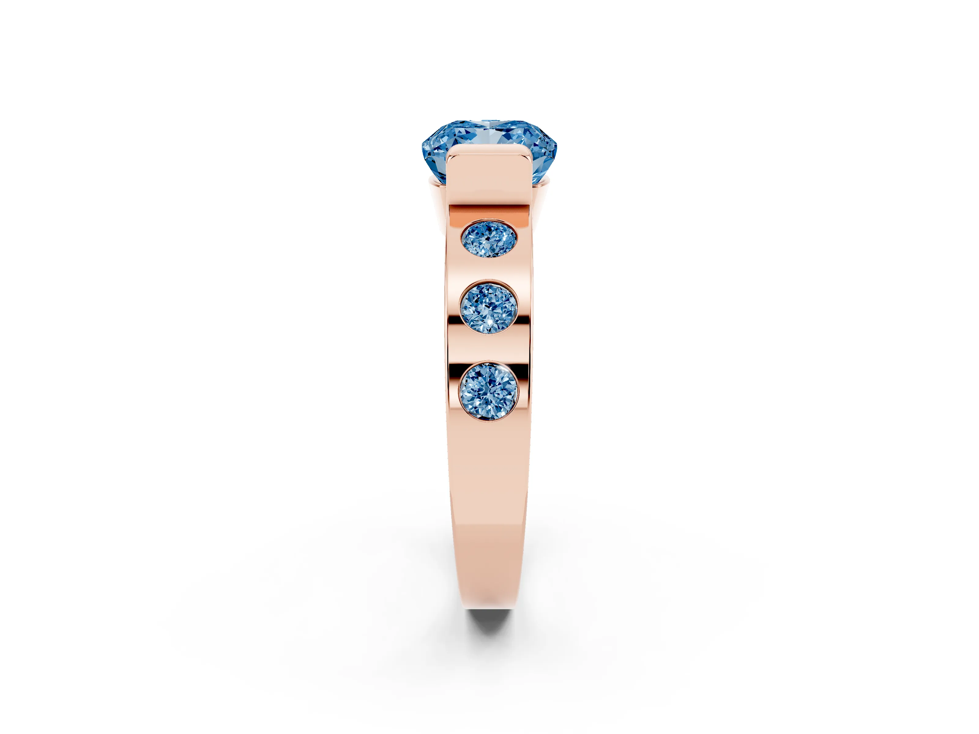 Fancy Blue Cushion Cut Diamond Channel-Set Band Ring Set in Rose gold with Bezel Prong Setting