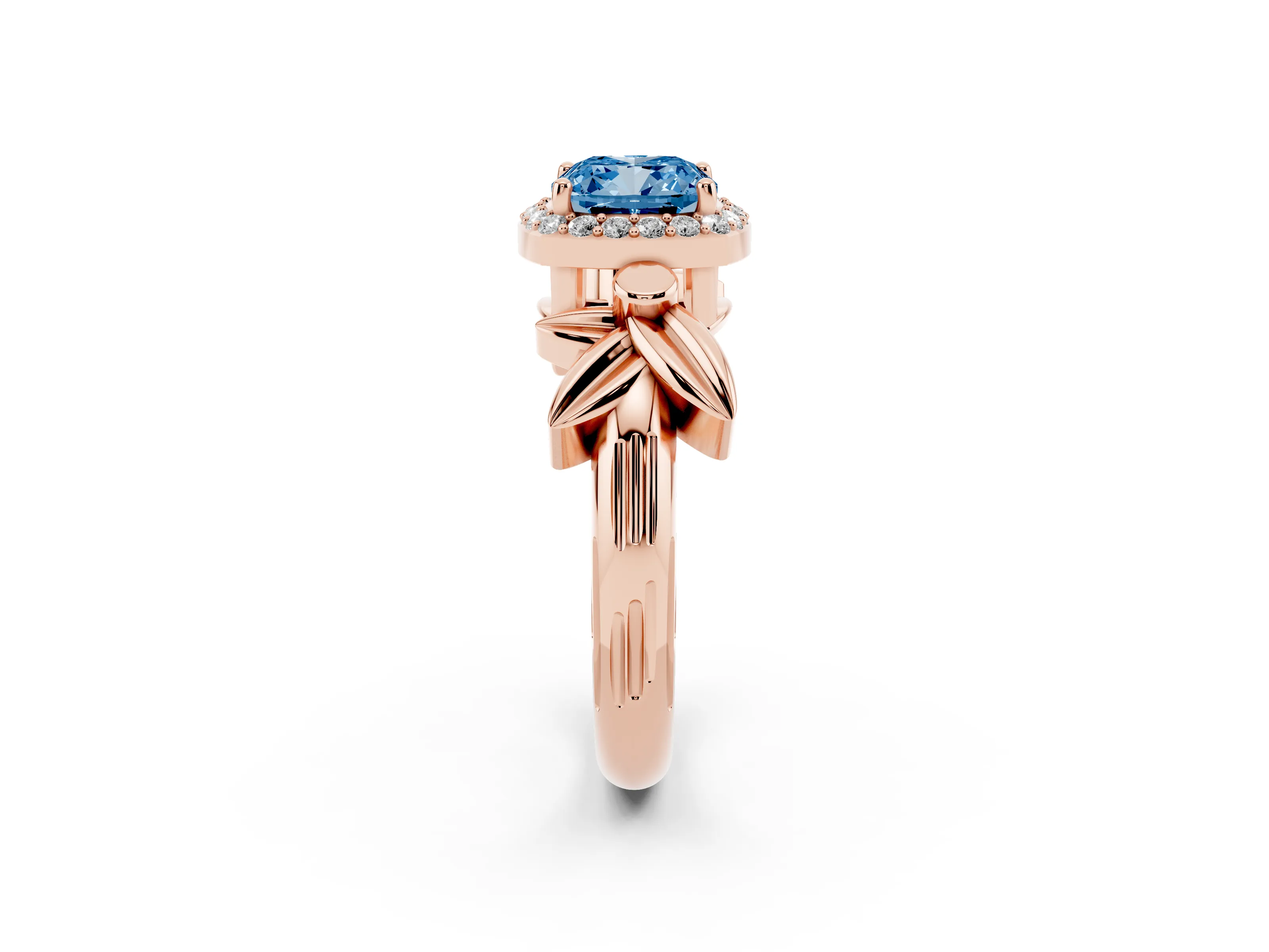 Fancy Blue Cushion Cut Diamond Halo Floral Band Ring Set in Rose gold with Prong Setting